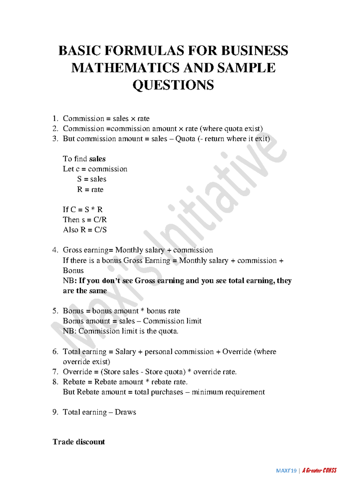 Business Maths MCQs: Key Formulas and Concepts for Success - Studocu