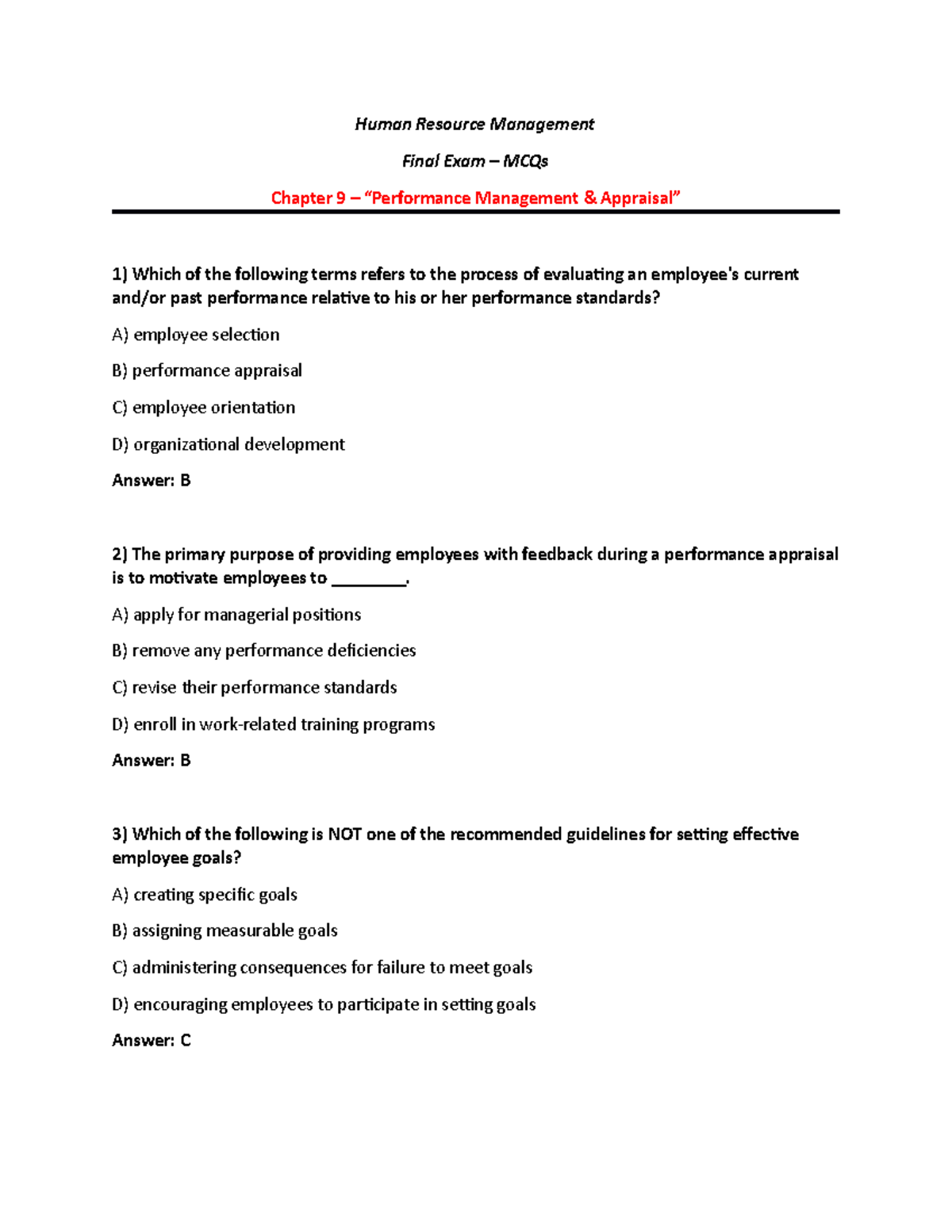 MCQs - Final Exam - HRM 101 - Performance Management Insights - Studocu