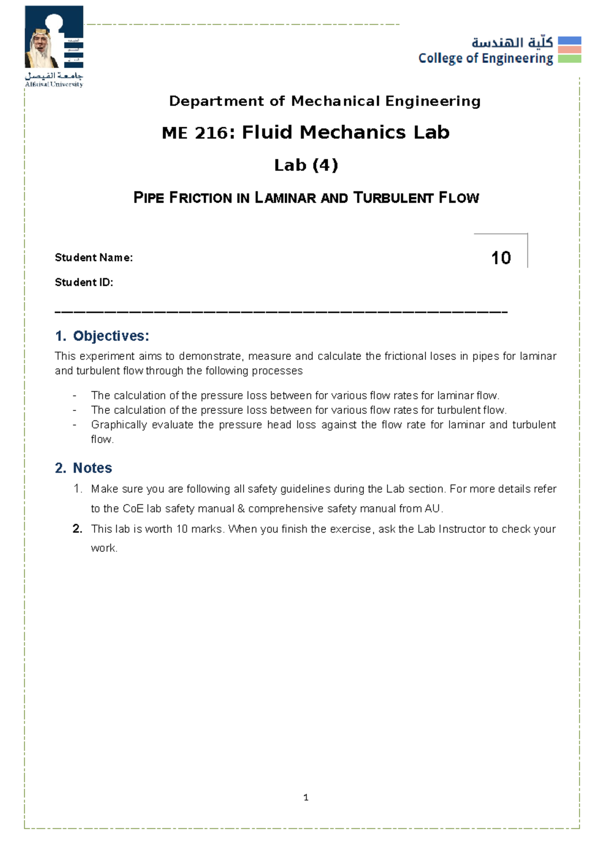 Spring 2026 ME 216 Lab (4): Pipe Friction in Laminar & Turbulent Flow ...