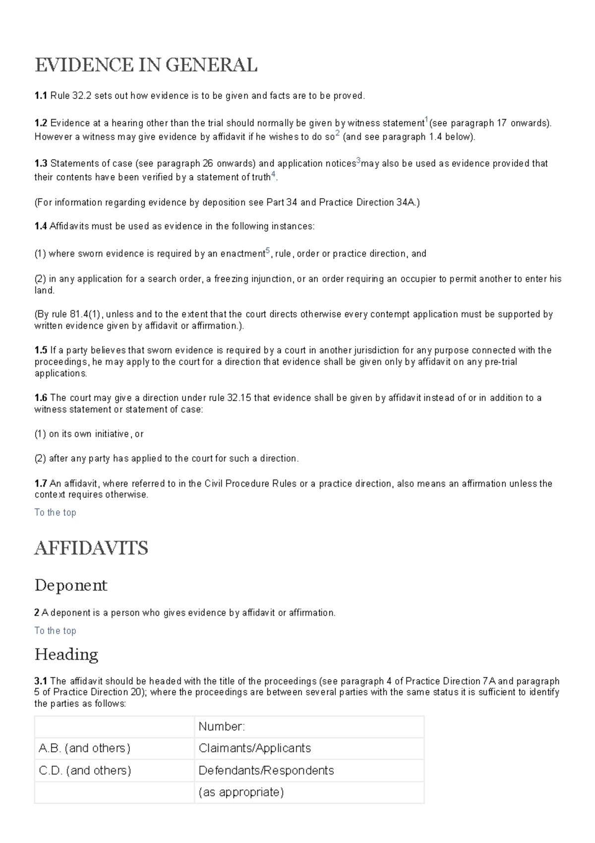 Practice direction 32 evidence affidavits and witness statements