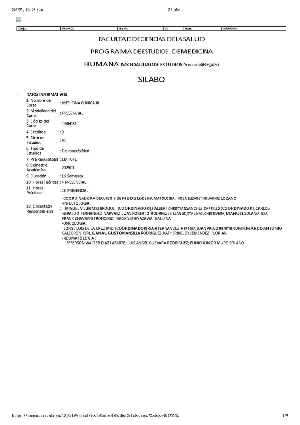 Sílabo 1MH081: Medicina Clínica III - Modalidad Presencial - Document Preview