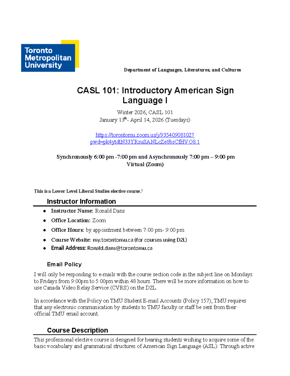 CASL 101: Introductory American Sign Language I Course Outline Winter ...