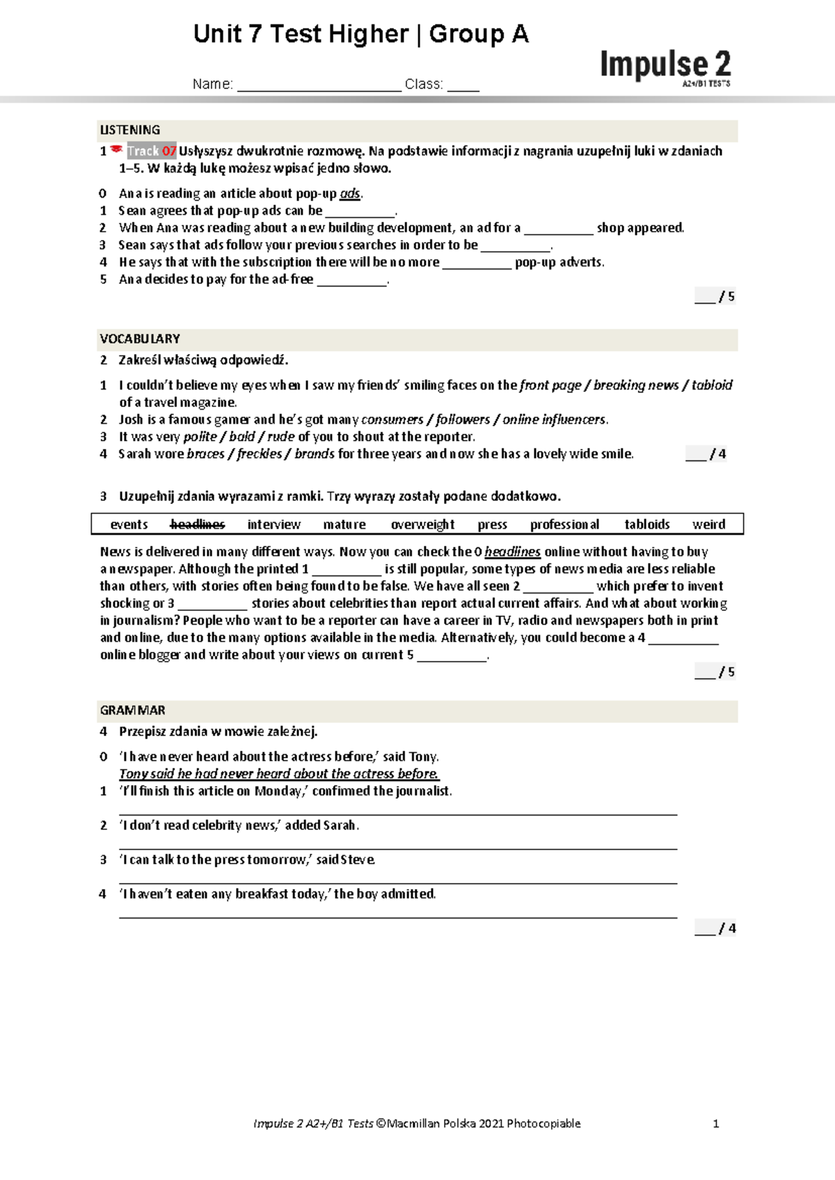 Unit 7 Listening Test Higher Group A - Vocabulary & Grammar Exercises ...