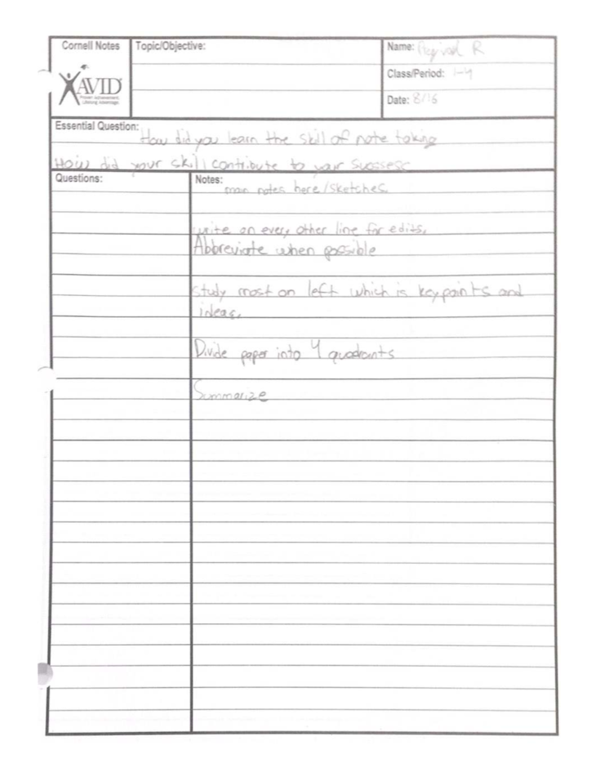 Avid Cornell Notes