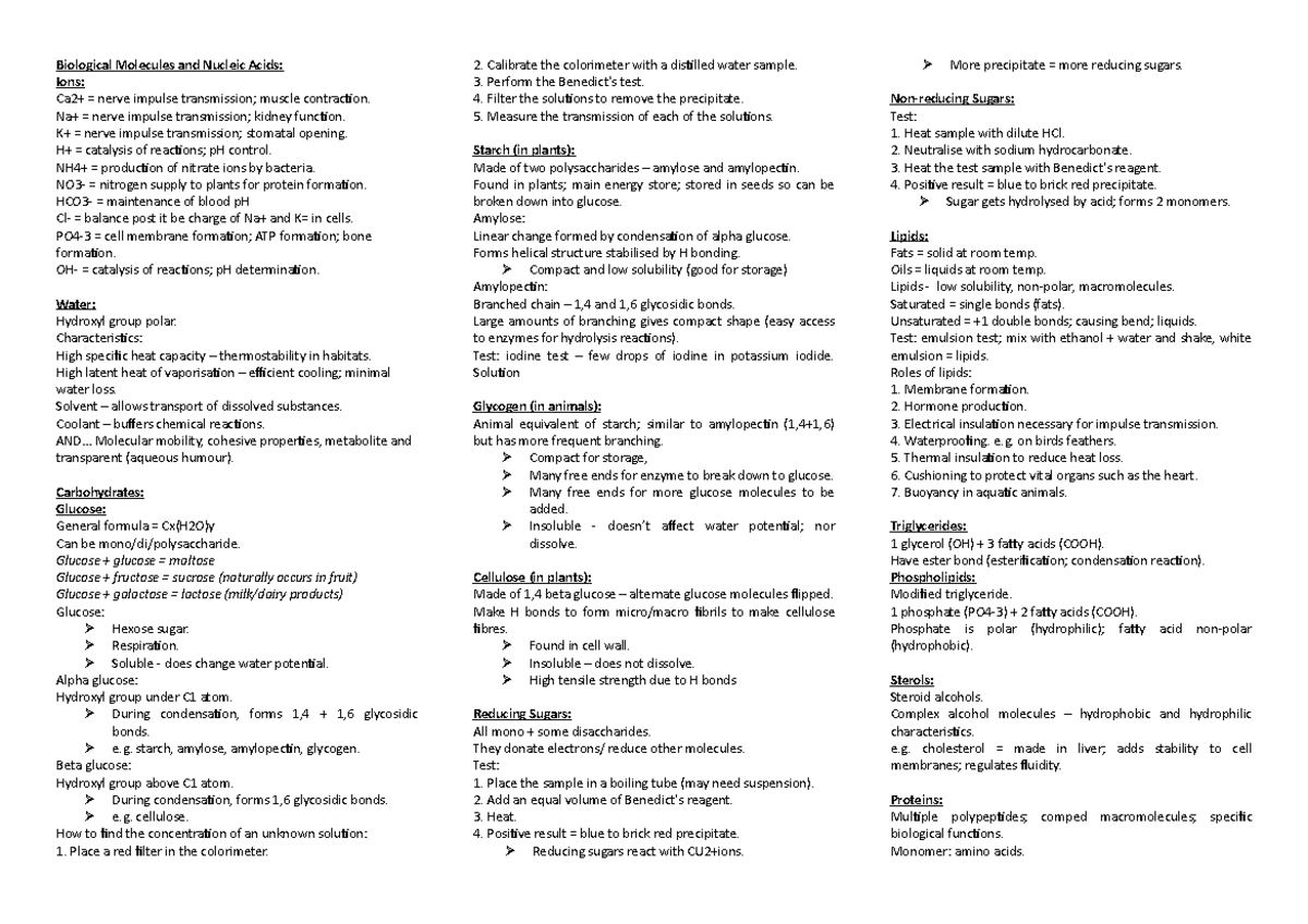 Biological Molecules - OCR A Level Notes Summary and Key Concepts - Studocu