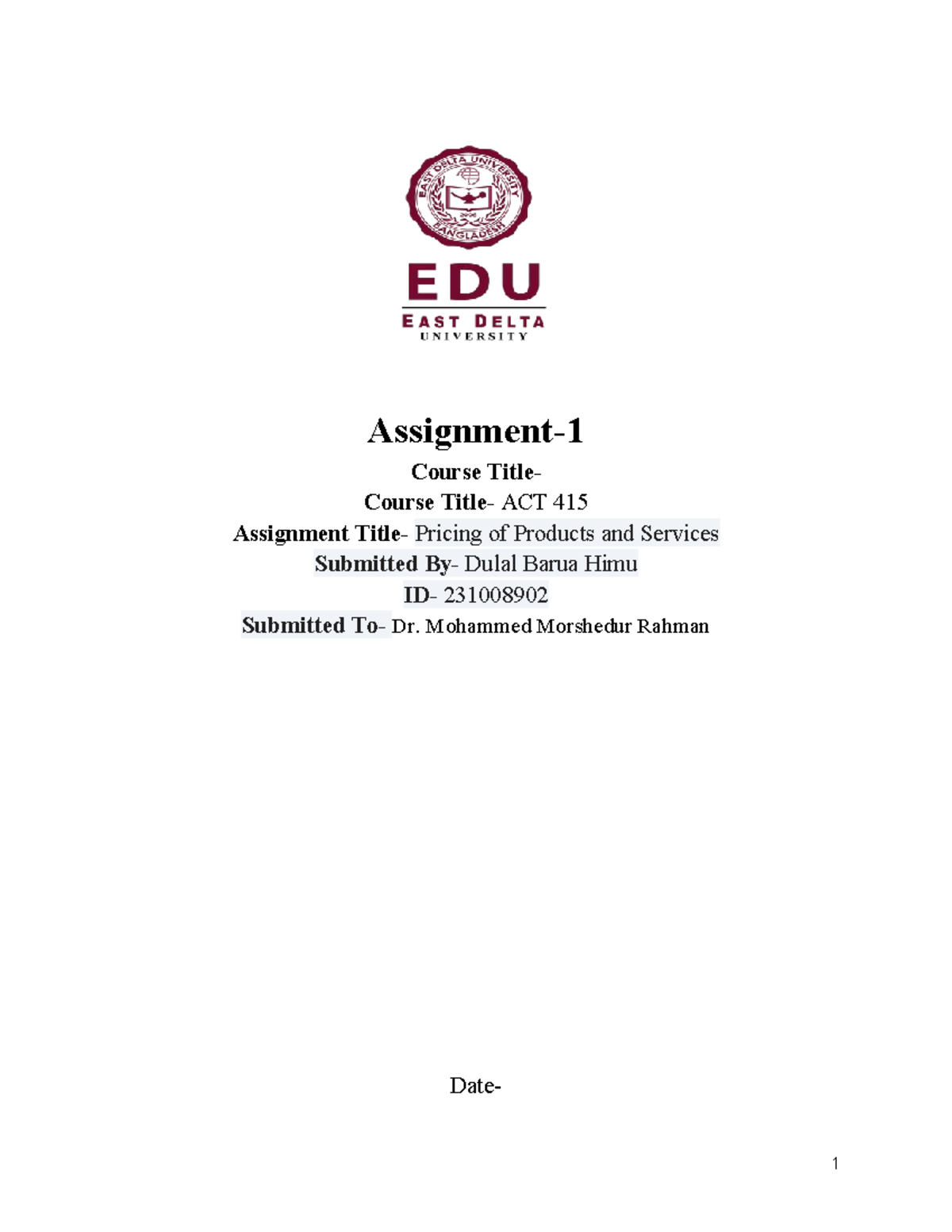 ACT 415 Assignment: Pricing of Products and Services Analysis - Studocu