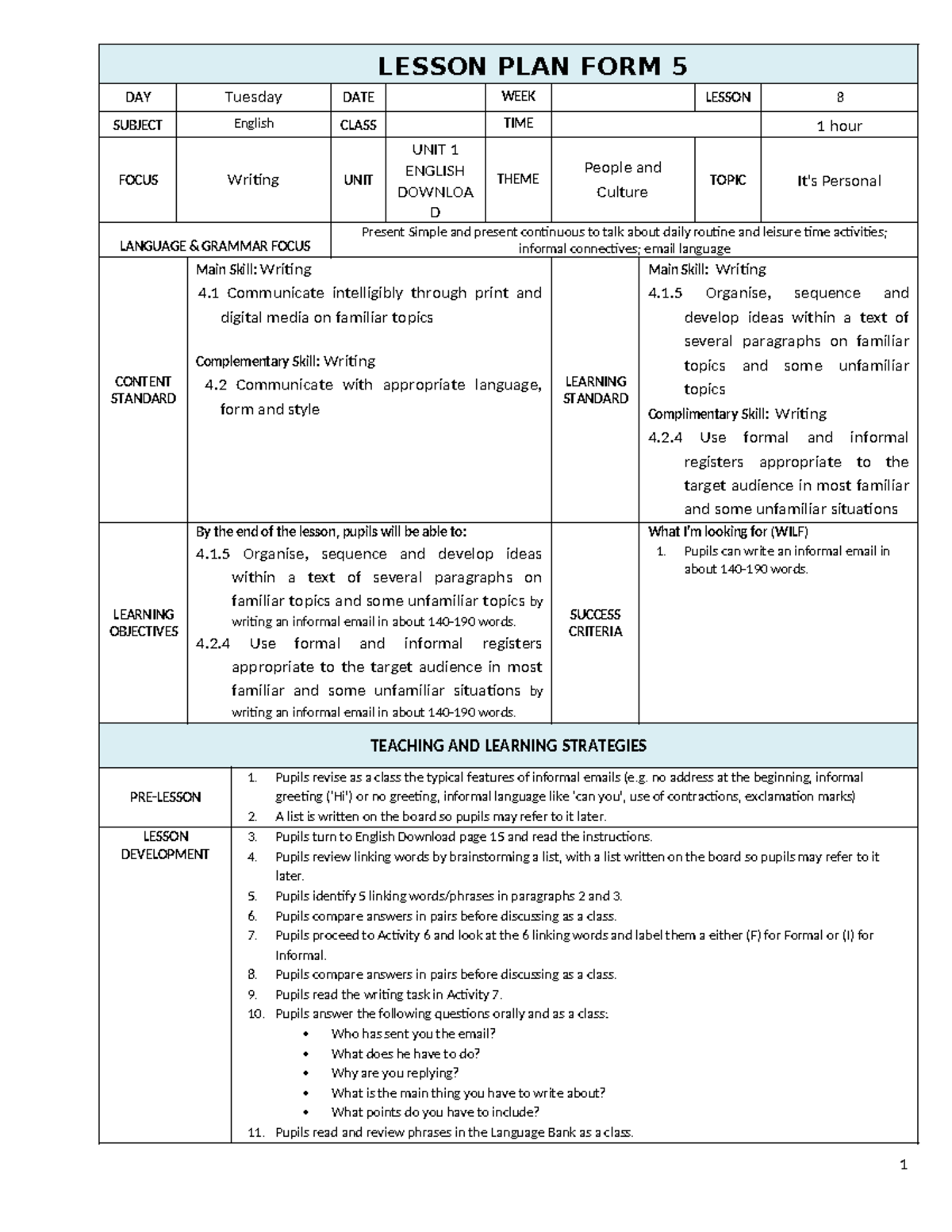 Lesson Plan: Writing Skills for Form 5 - English (Unit 1) - Studocu