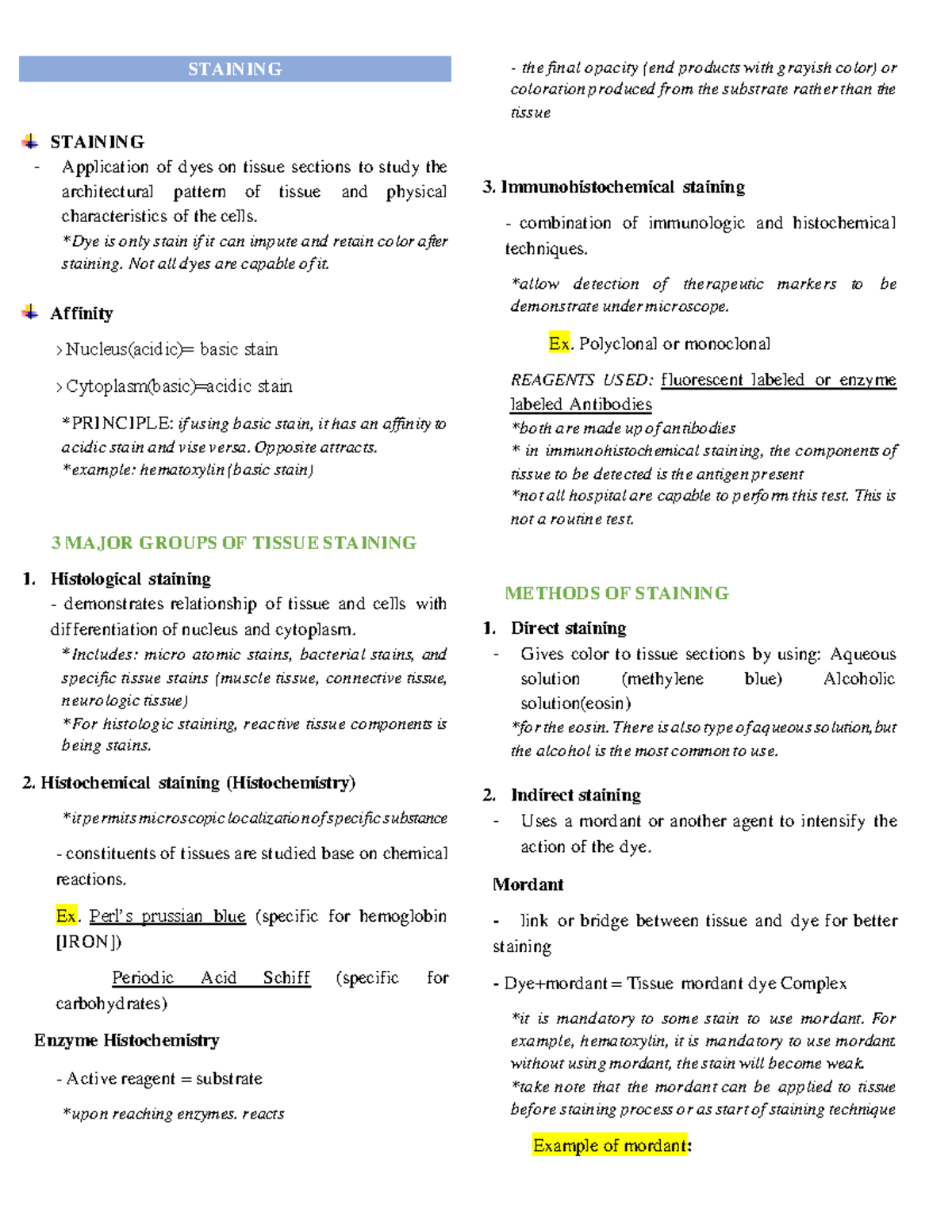 Staining lecture for Finals - STAINING STAINING Application of dyes on ...