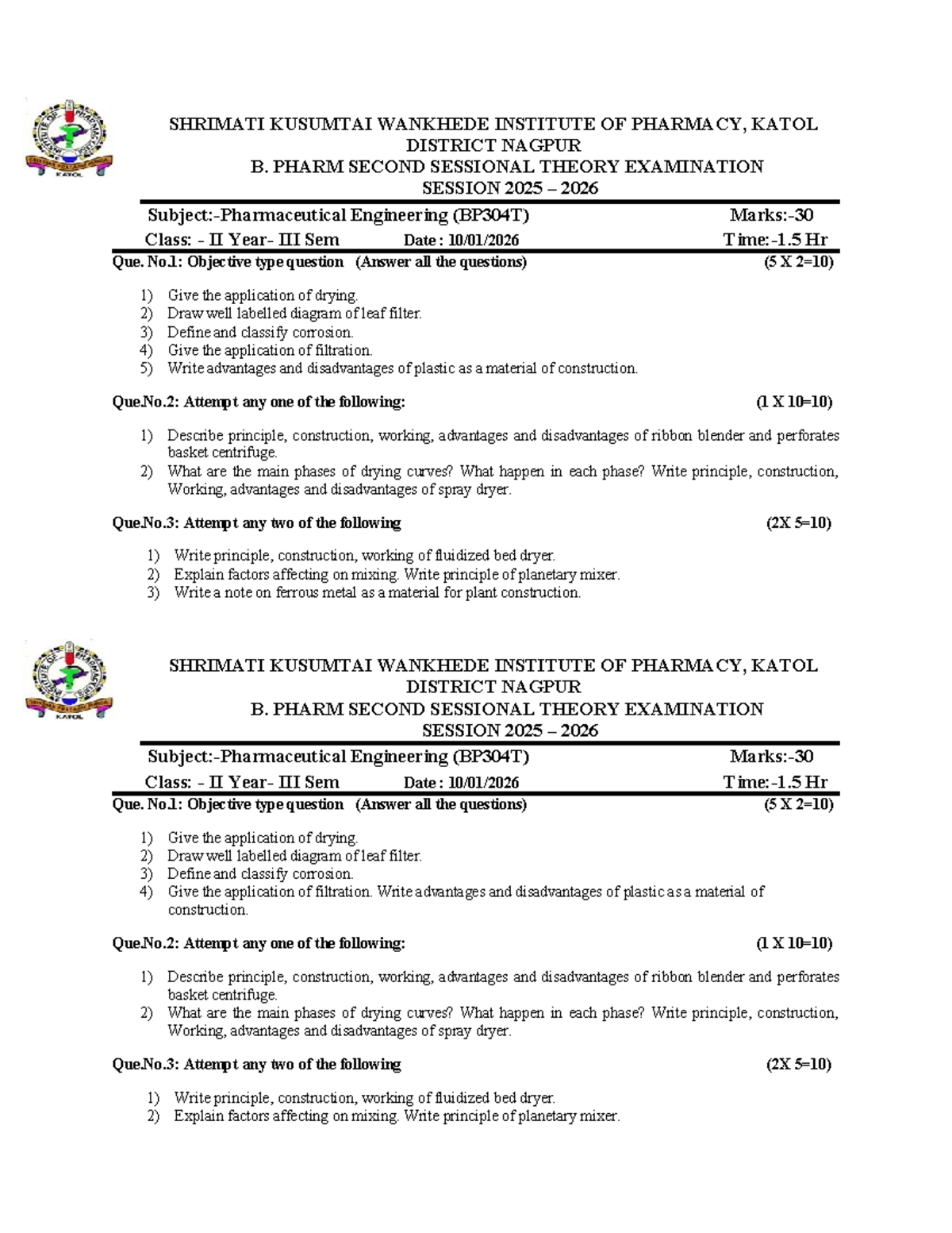 B. Pharm II Sem Engineering (BP304T) 2nd Sessional Exam Notes - Studocu