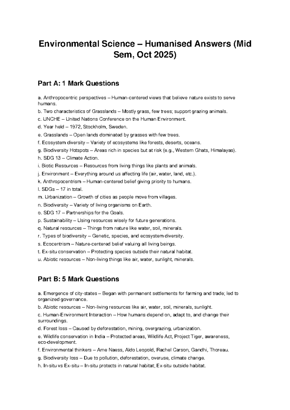 ENV SCI Humanised Answers (Mid Sem, Oct 2025) - 1 & 5 Mark Qs - Studocu