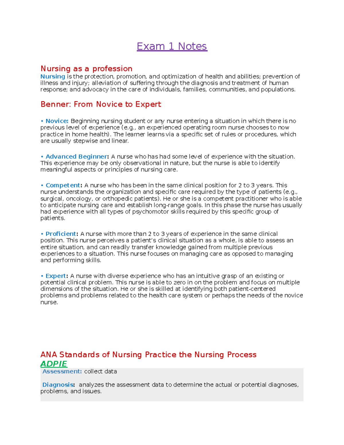 NR 222 Exam 1 Study Notes on Nursing & Health Promotion Principles ...
