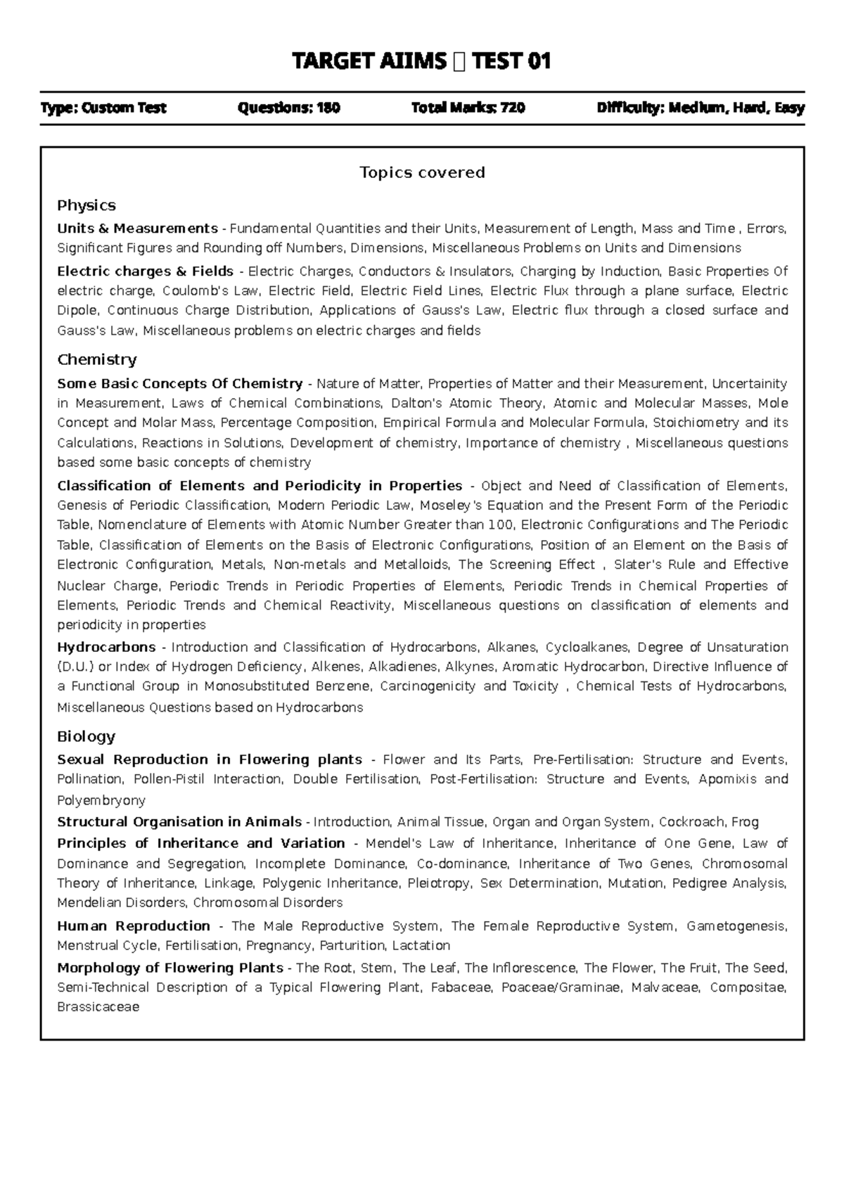 TARGET AIIMS TEST 01: Comprehensive Review of Physics, Chemistry, and ...