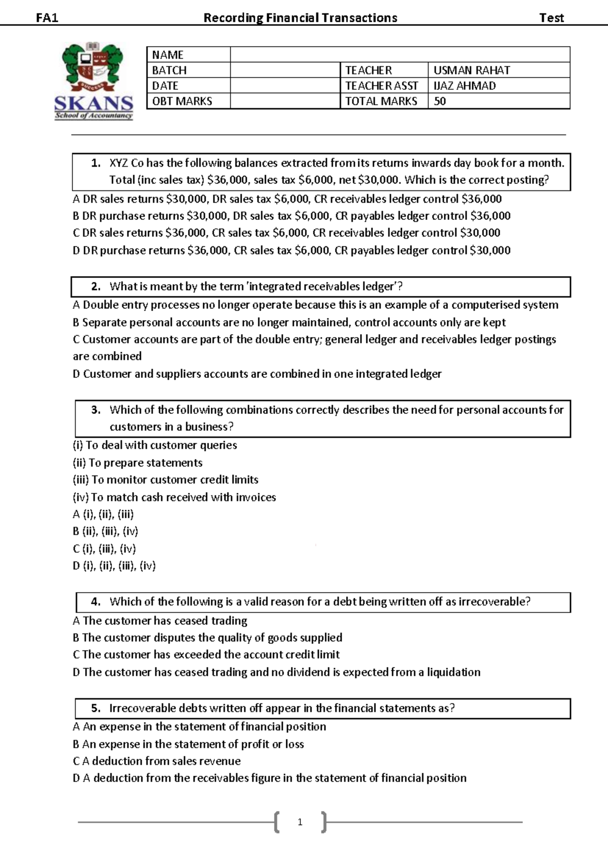 FA1 Recording Financial Transactions Test: Practice Questions & Answers ...