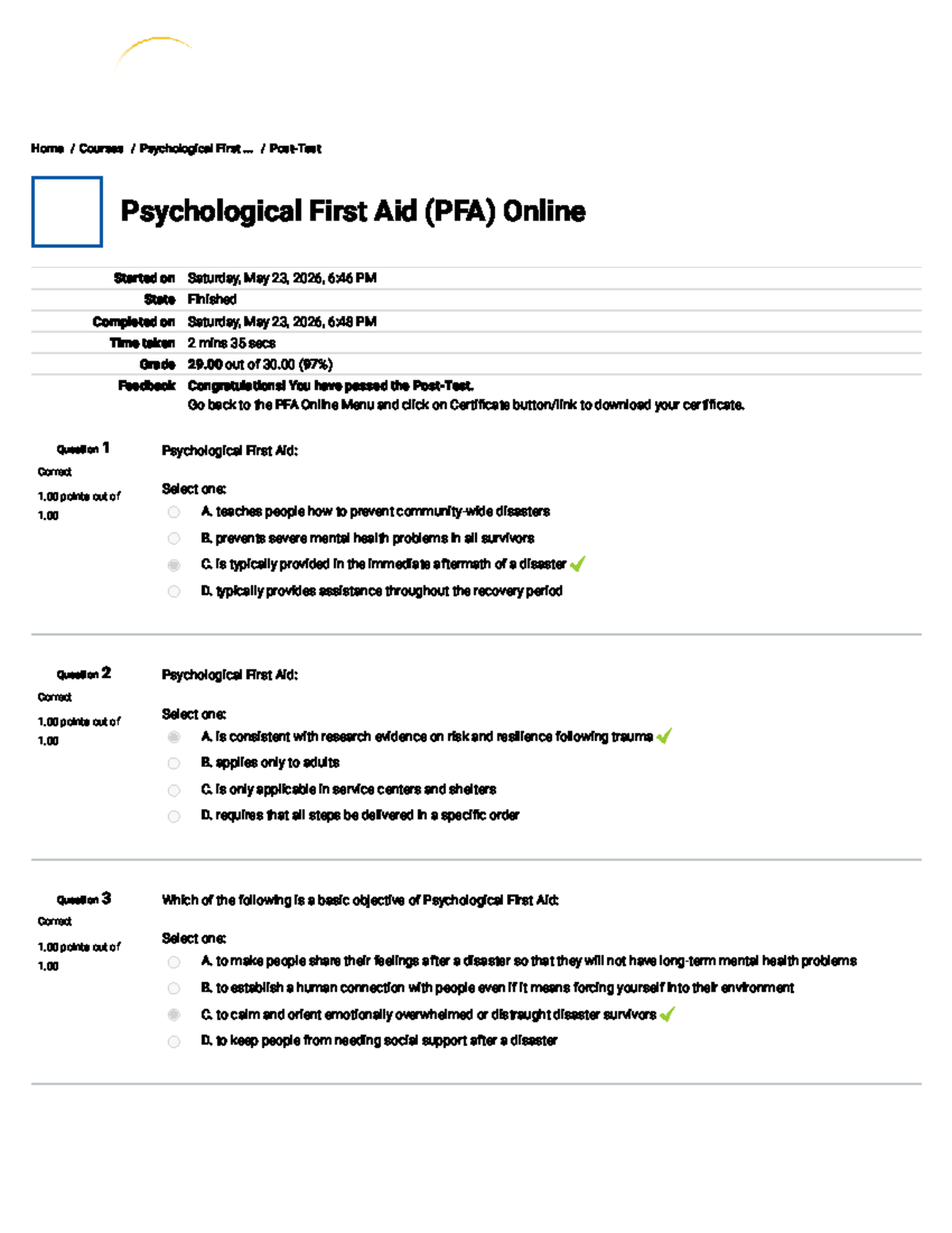 Psychological First Aid (PFA) Online Post-Test Review - Studocu