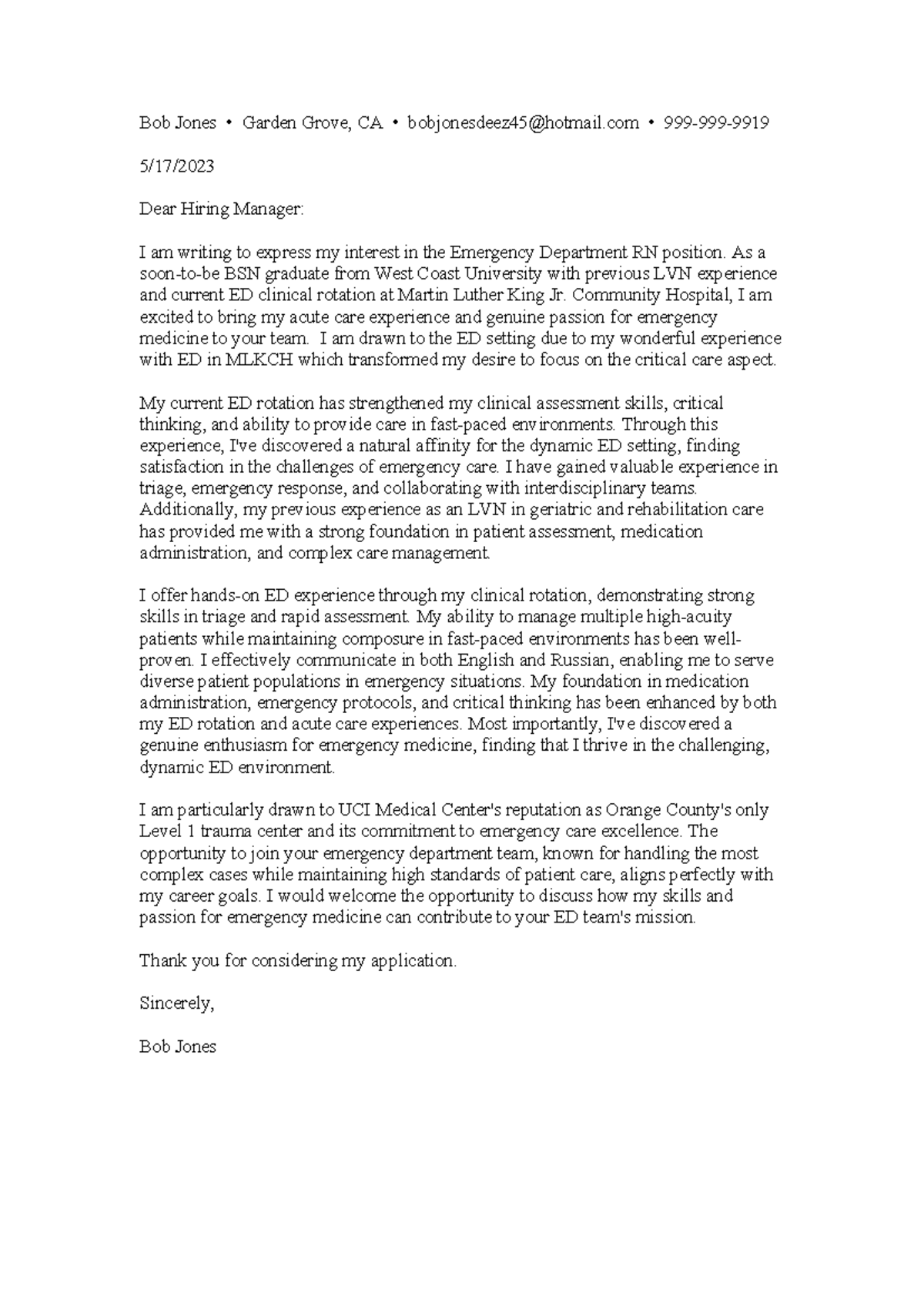Cover Letter for Emergency Department RN Position - BSN Applicant - Studocu