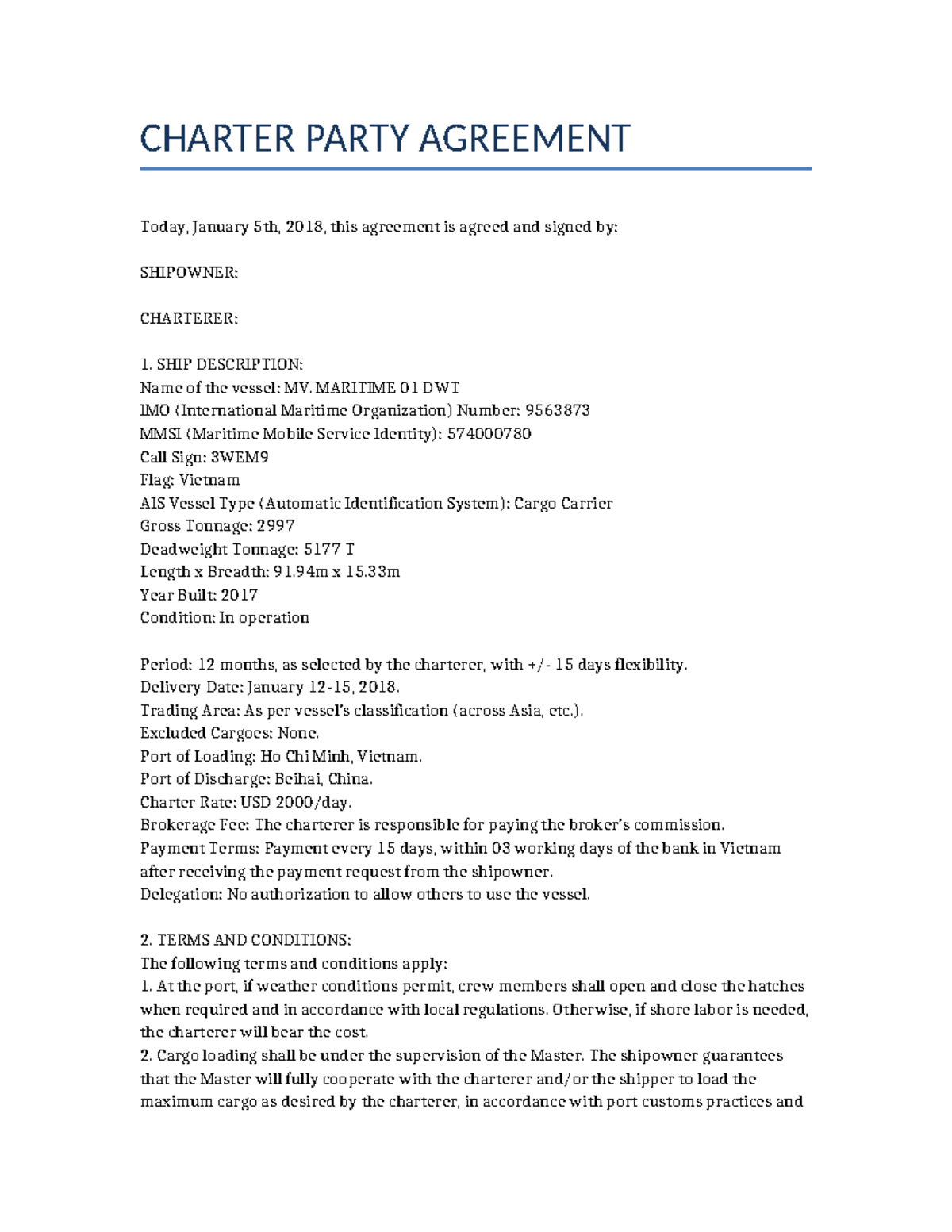 Charter Party Agreement (Full English) - MV. Maritime 01 Details - Studocu