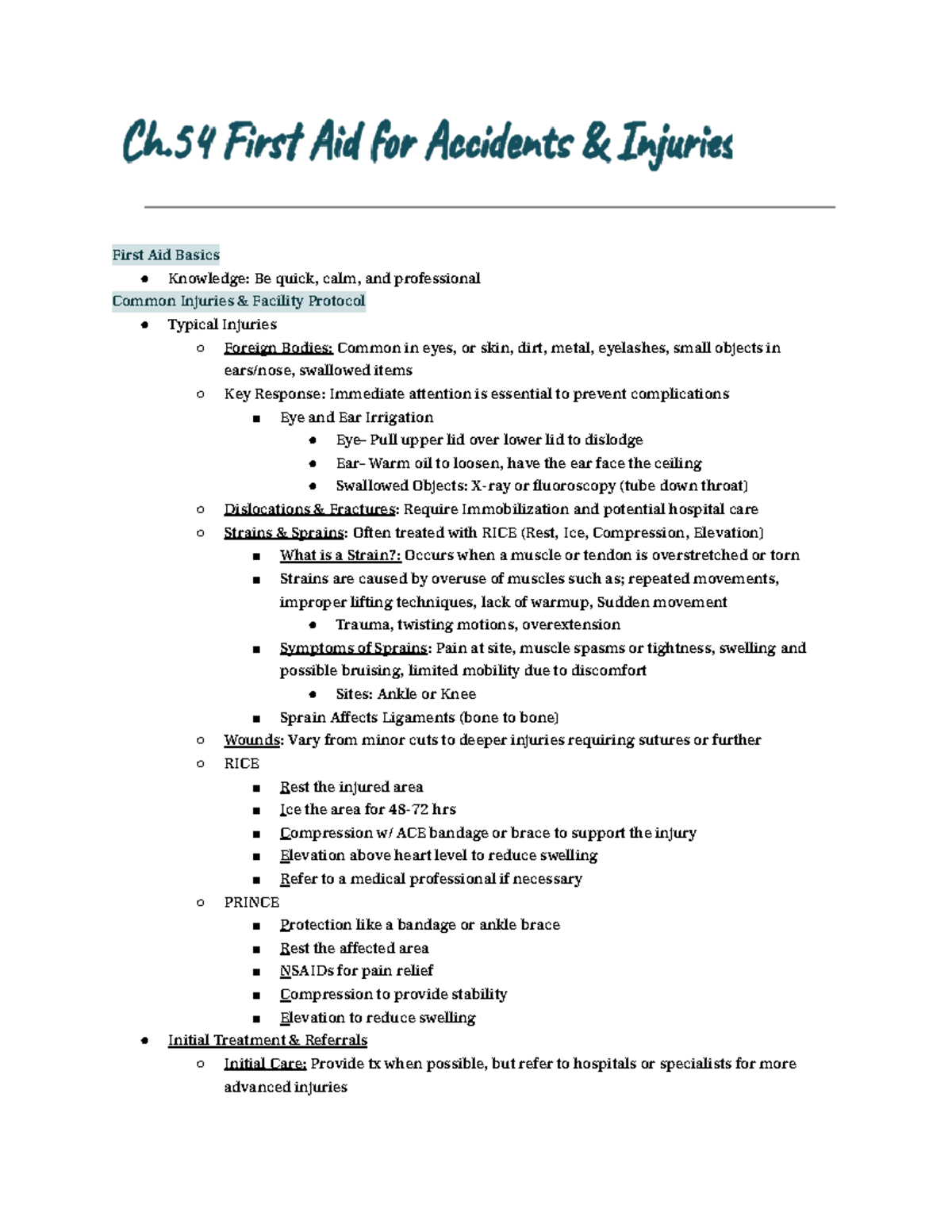 Ch.54 First Aid Notes: Essential Techniques for Common Injuries - Studocu