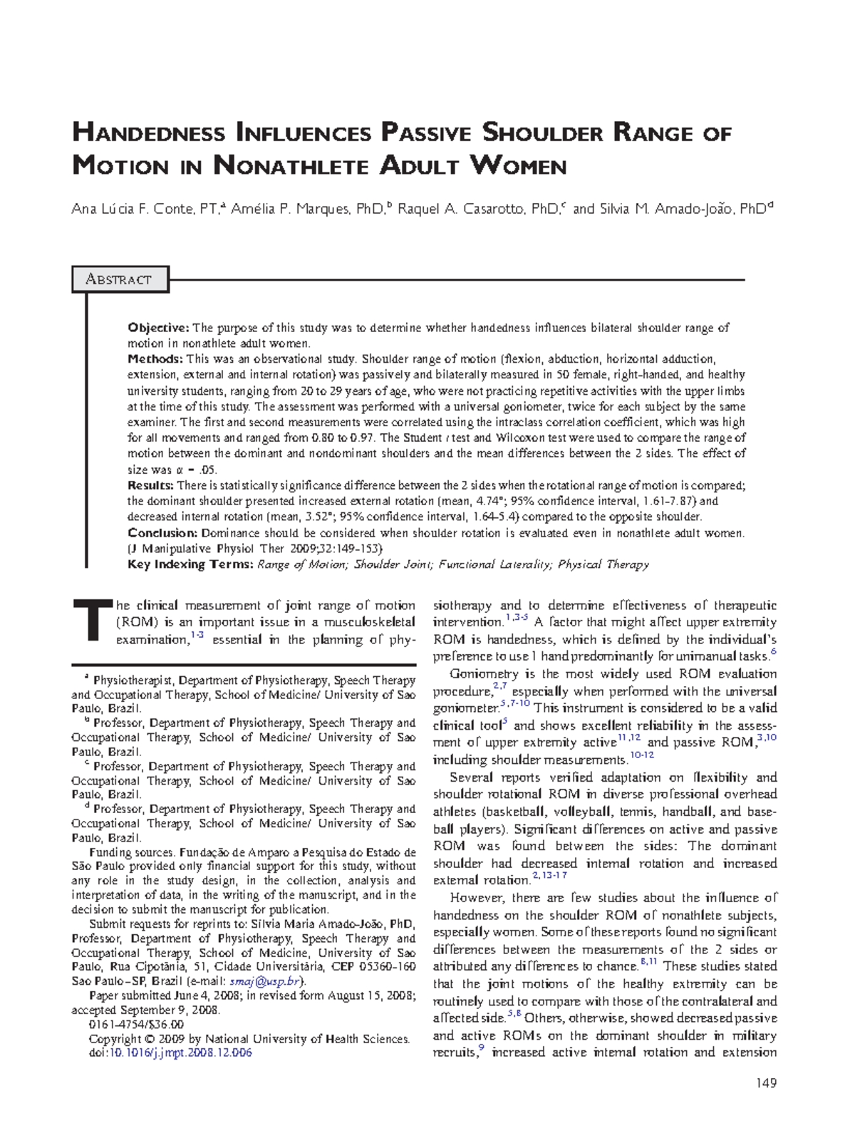 Influence of Handedness on Passive Shoulder ROM in Nonathlete Women ...
