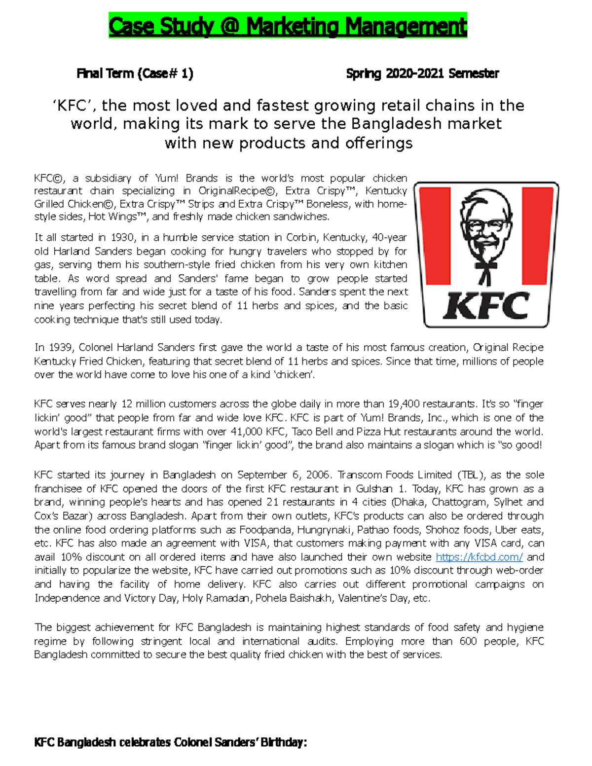 Marketing Management - Case Study KFC in Bangladesh (Final Term) - Studocu