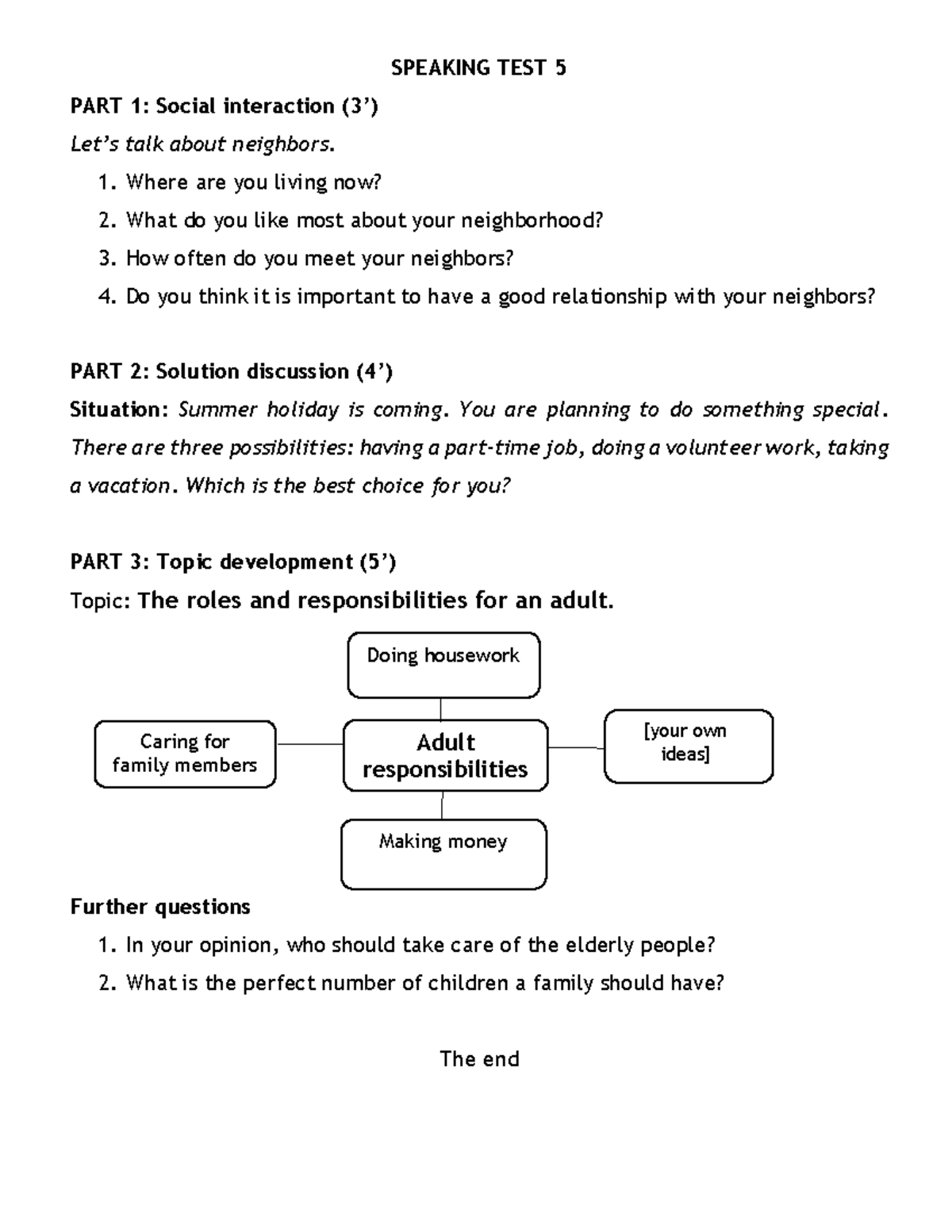 Speaking TEST 5 - ádv - SPEAKING TEST 5 PART 1: Social interaction (3 ...