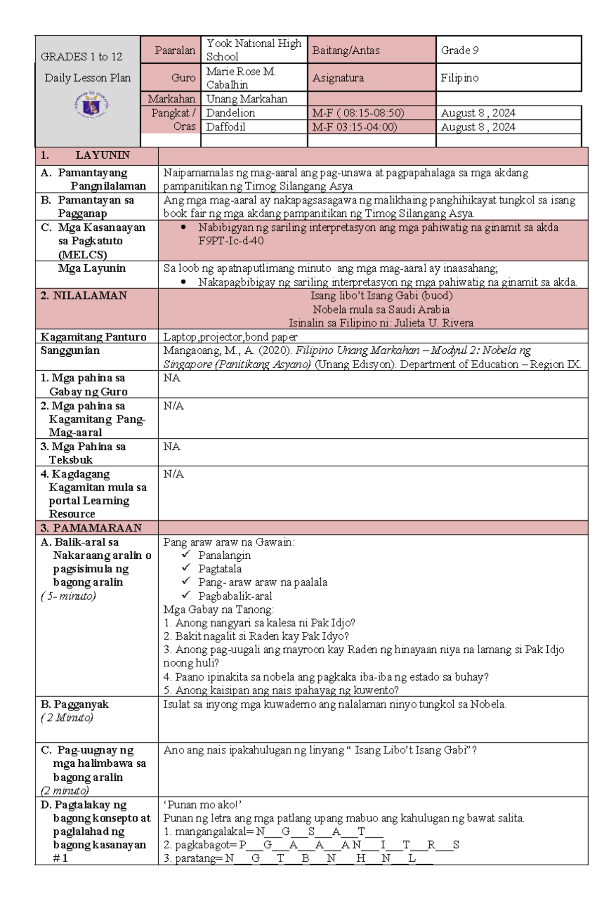 Grade 9 Filipino Lesson Plan on 