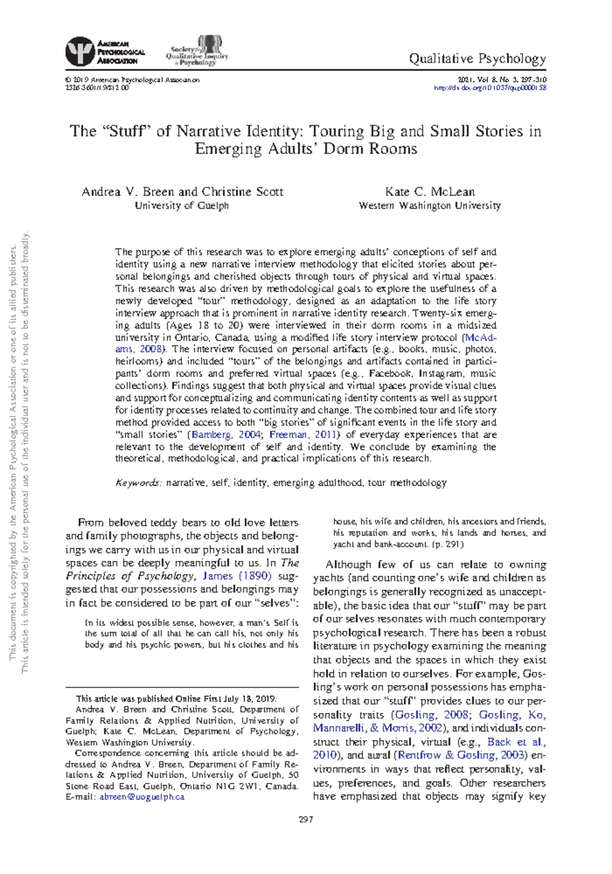 The “Stuff” of Narrative Identity: Exploring Self in Dorm Rooms (PSY ...