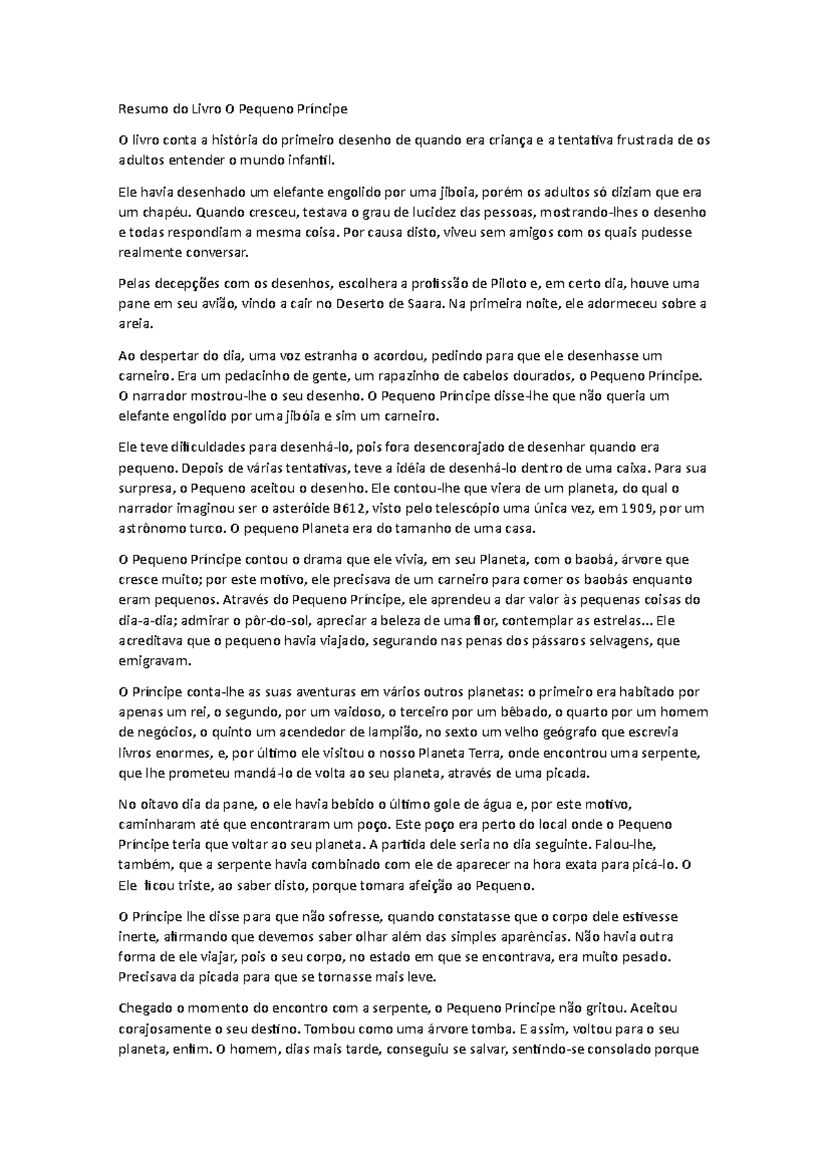 Resumo do Livro O Pequeno Príncipe - Resumo do Livro O Pequeno Príncipe ...