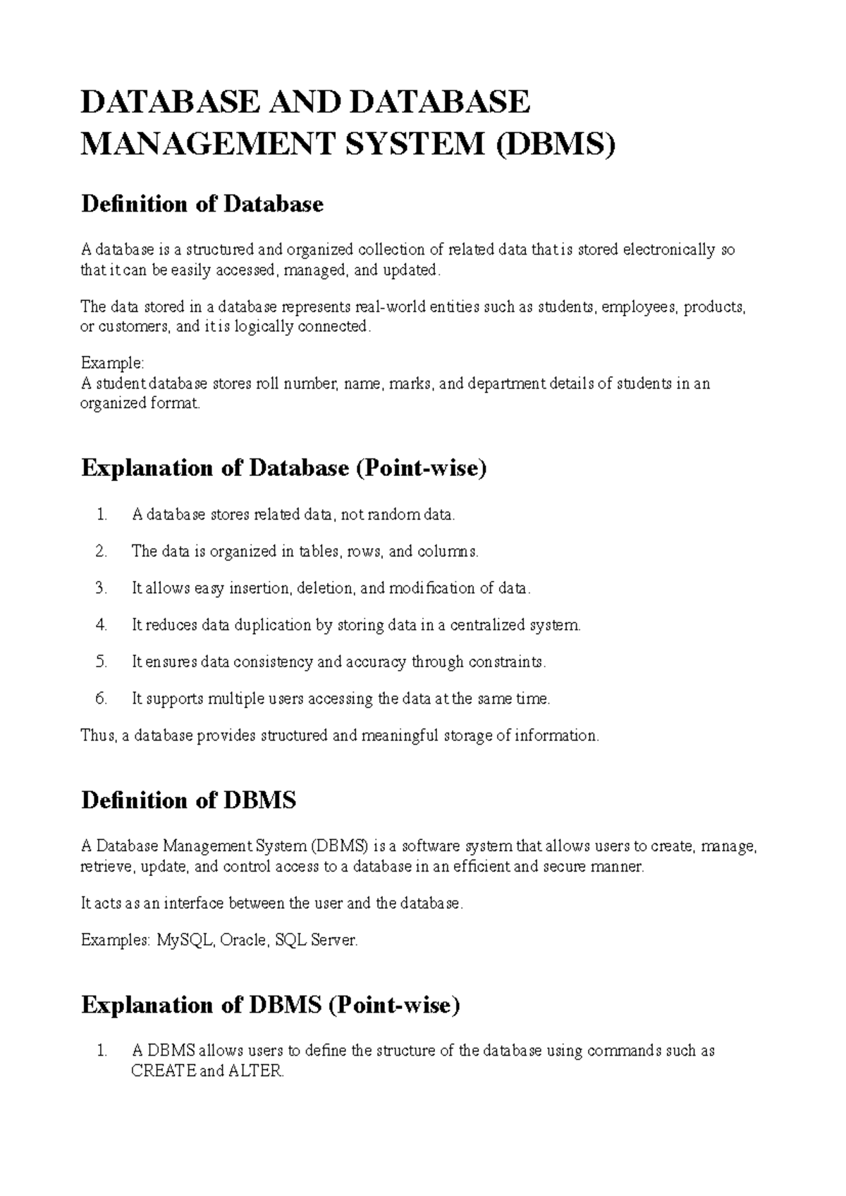 DATABASE MANAGEMENT SYSTEMS (DBMS) Overview and Concepts - Studocu