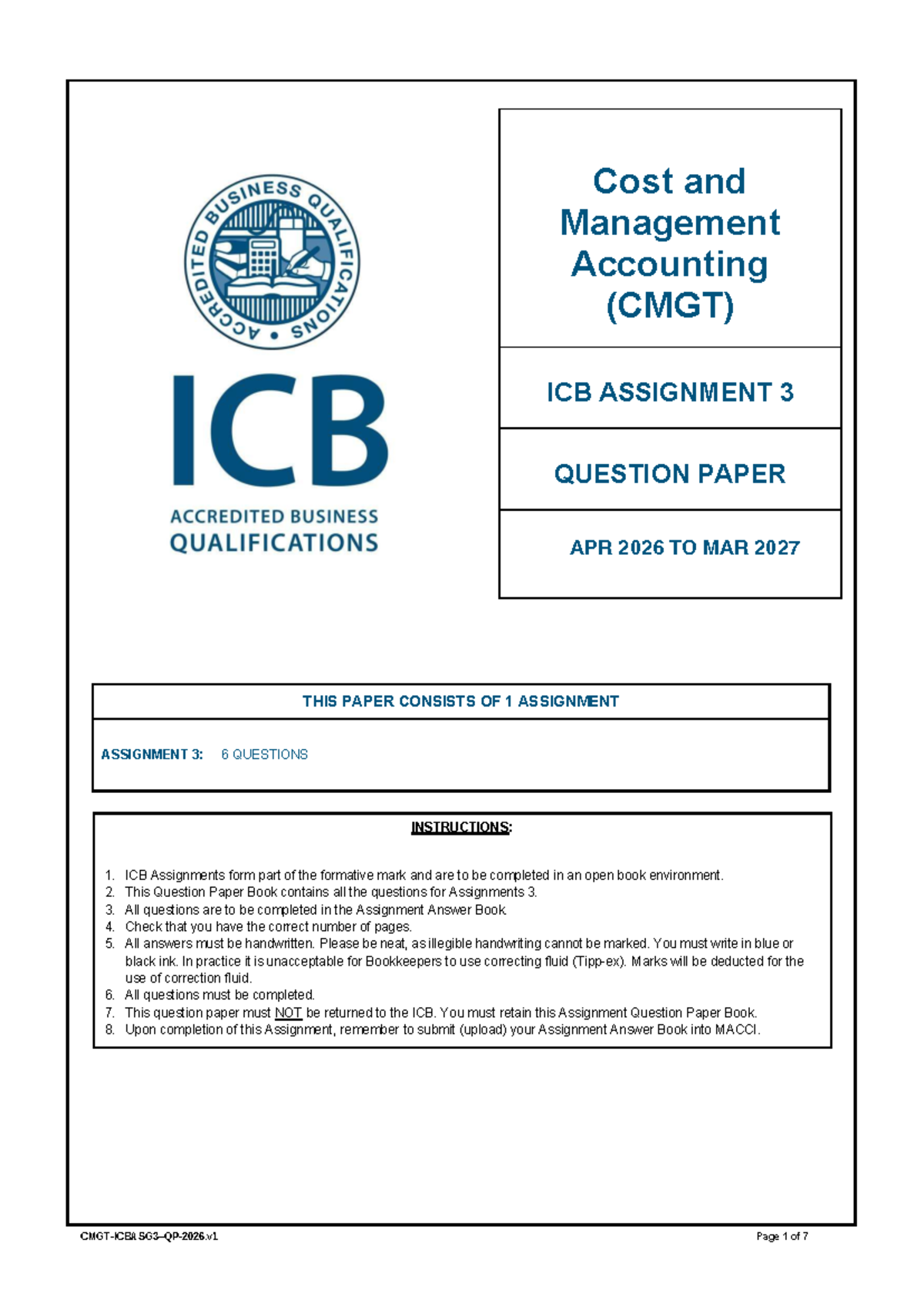 CMGT Cost and Management Accounting Assignment 3 Question Paper - Studocu