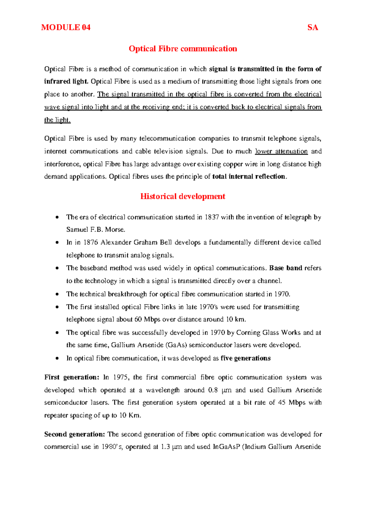 MODULE 04 SA Optical Fibre Communication: Principles, Advantages, and ...