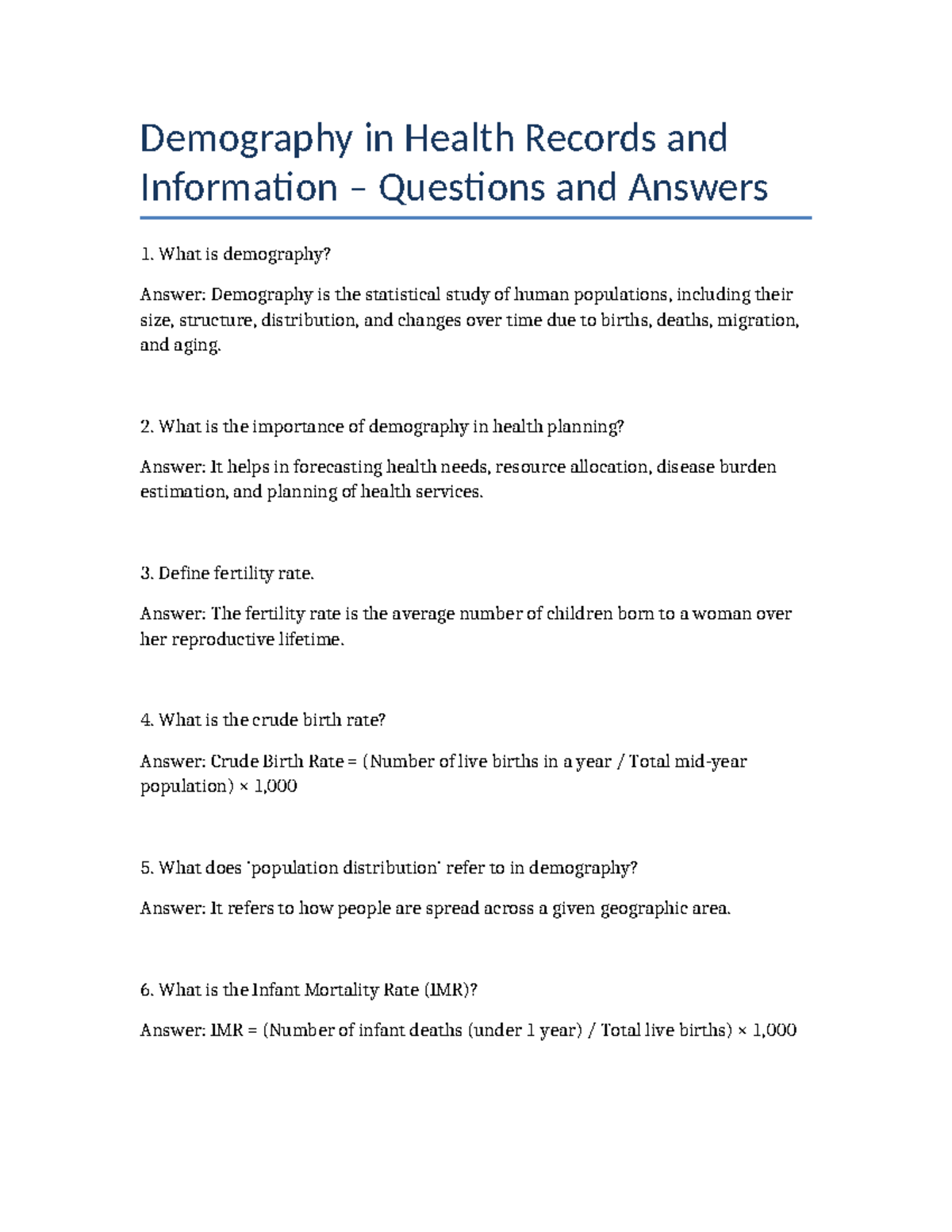 Demography QA: Health Records Insights and Key Concepts - Studocu