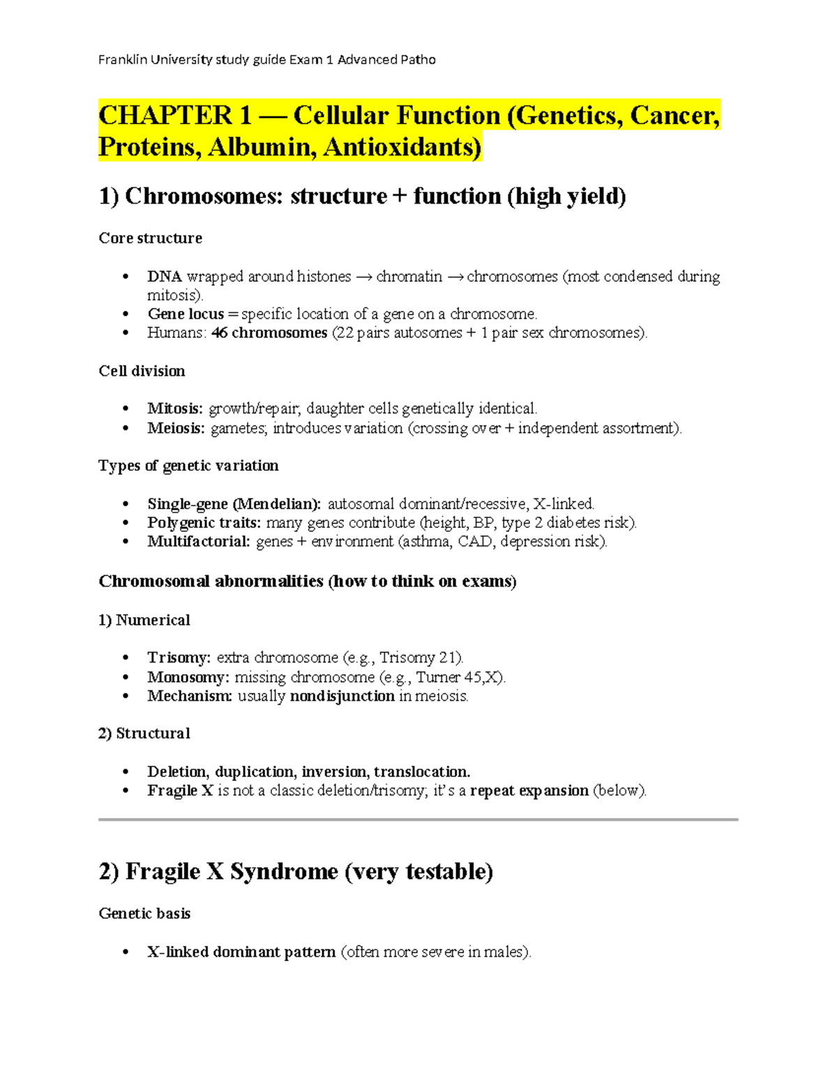 Franklin University Exam 1 Study Guide: Advanced Patho Overview - Studocu