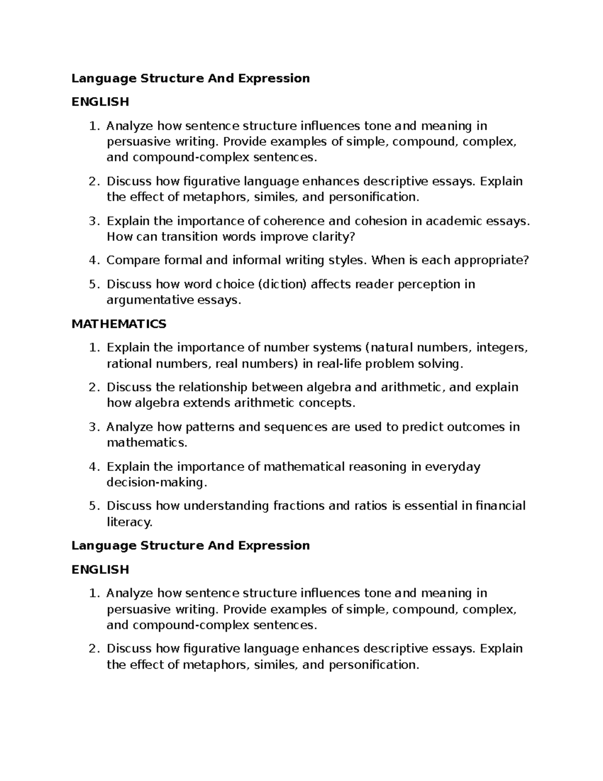 Language Structure and Expression: ENGLISH 1 Insights and Analysis ...
