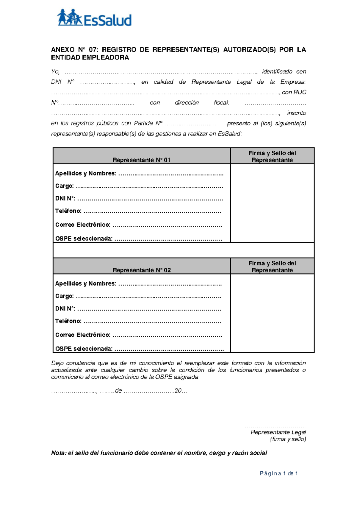 Anexo N° 07 - Registro de Representantes Autorizados para EsSalud - Studocu