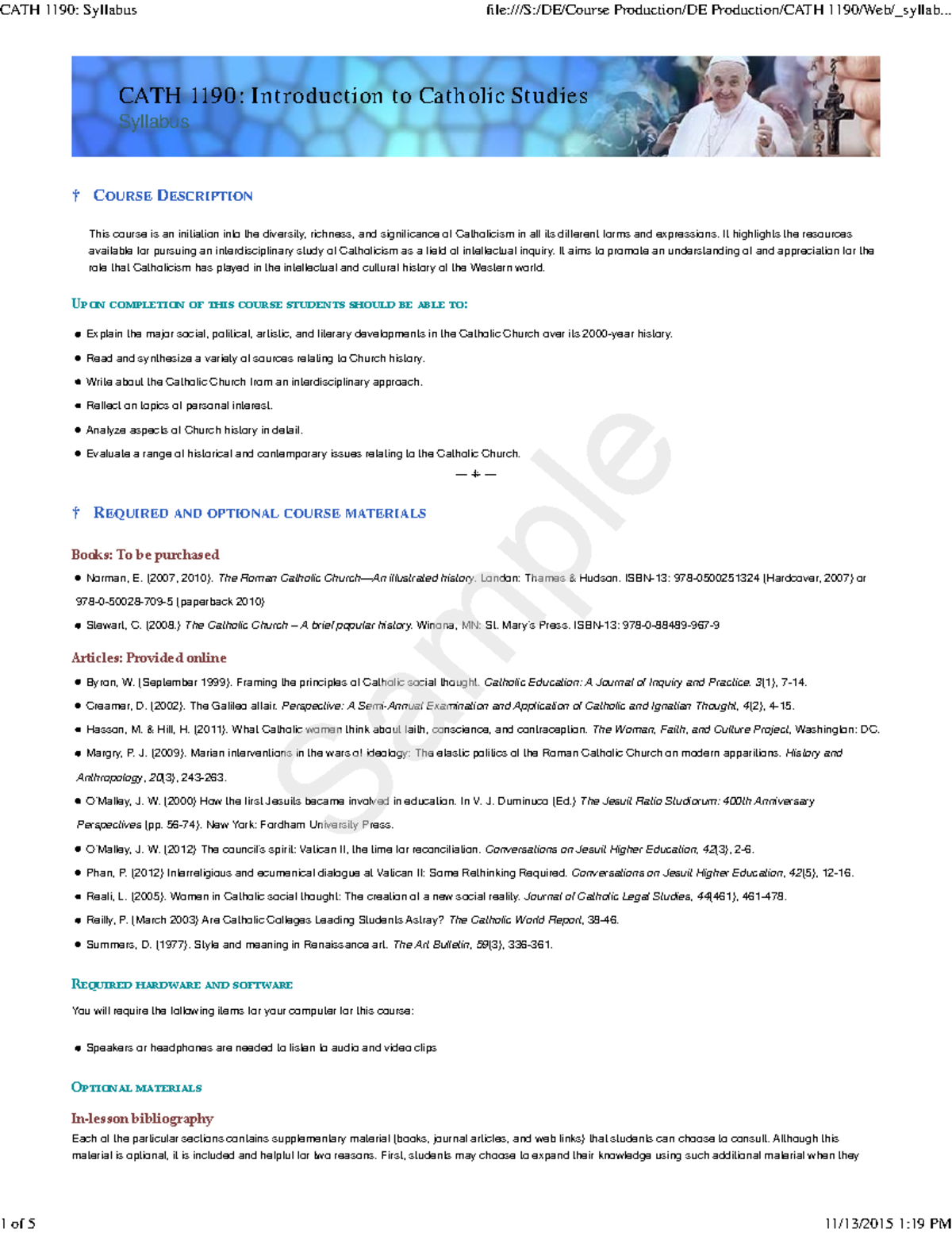 CATH1190: Syllabus Summary for Introduction to Catholic Studies - Studocu