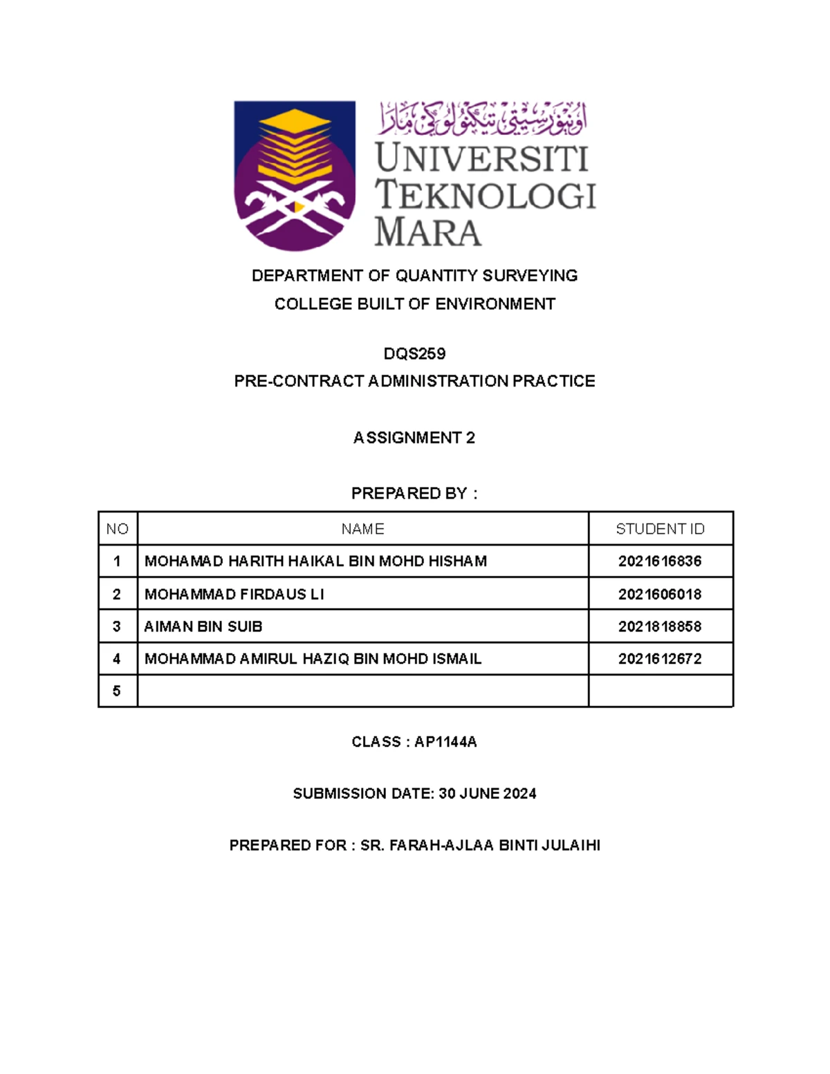 QSA260 Construction Project Management Assignment 1: Gantt & PDM ...