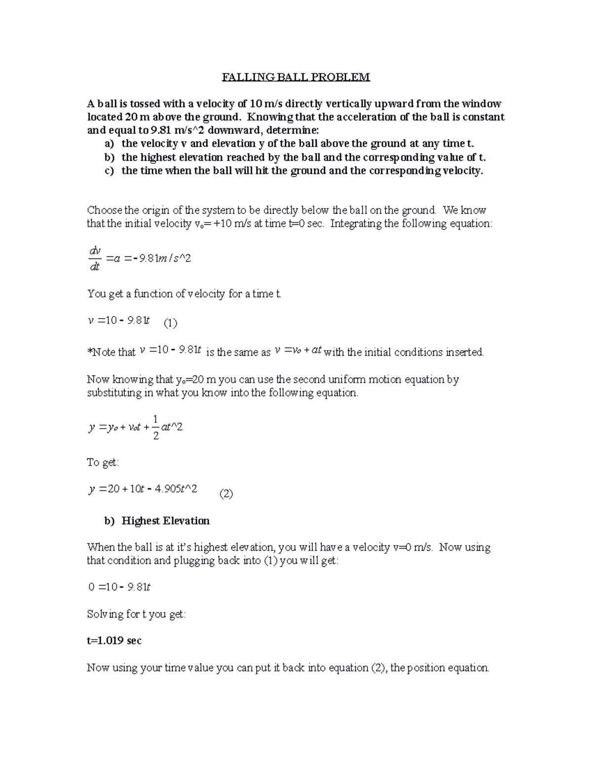 Dynamics Notes: Falling Ball Problem Analysis and Solutions - Studocu