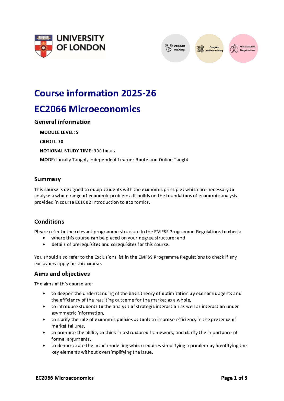 EC2066 Microeconomics Course Overview and Learning Outcomes - Studocu