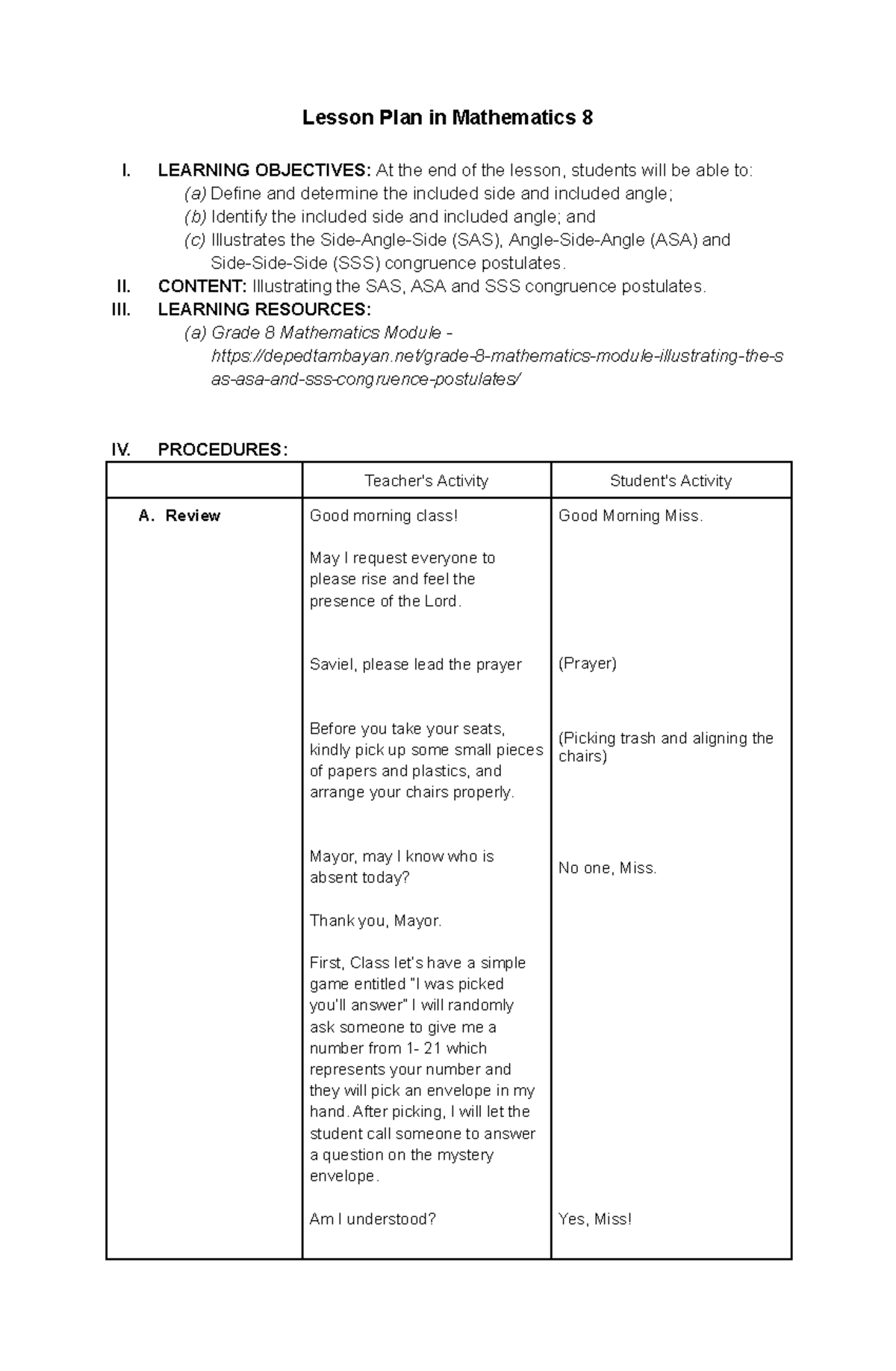 Lesson Plan Mathematics - Lesson Plan in Mathematics 8 I. LEARNING ...