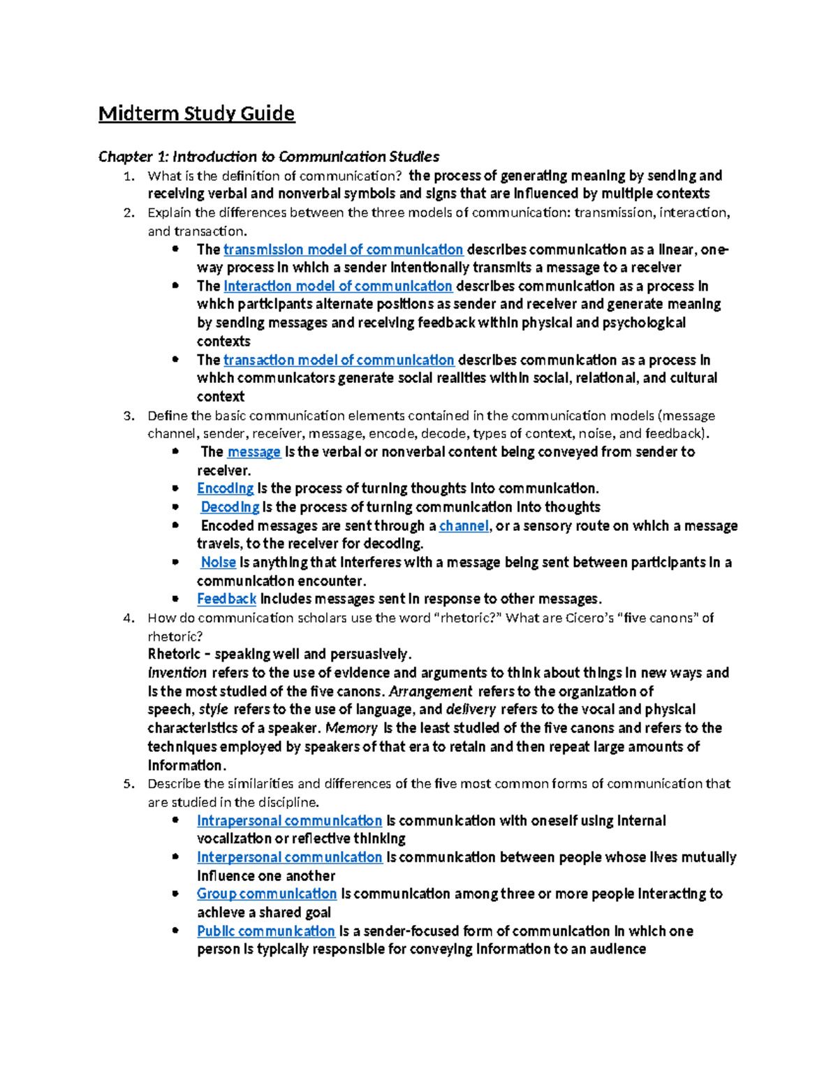 Midterm Study Guide: Key Concepts in Communication Studies (COM 101 ...