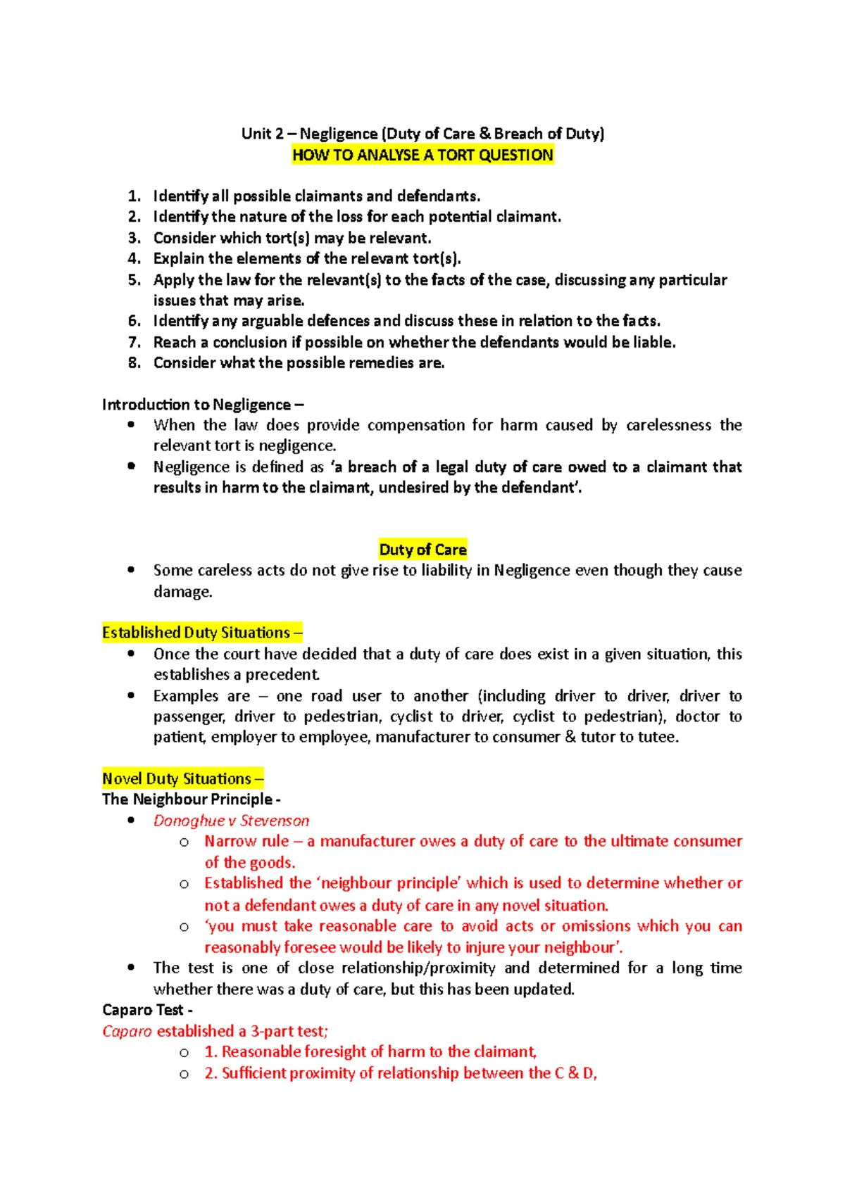 Donoghue v Stevenson Case Analysis: Duty of Care in Tort Law - Studocu