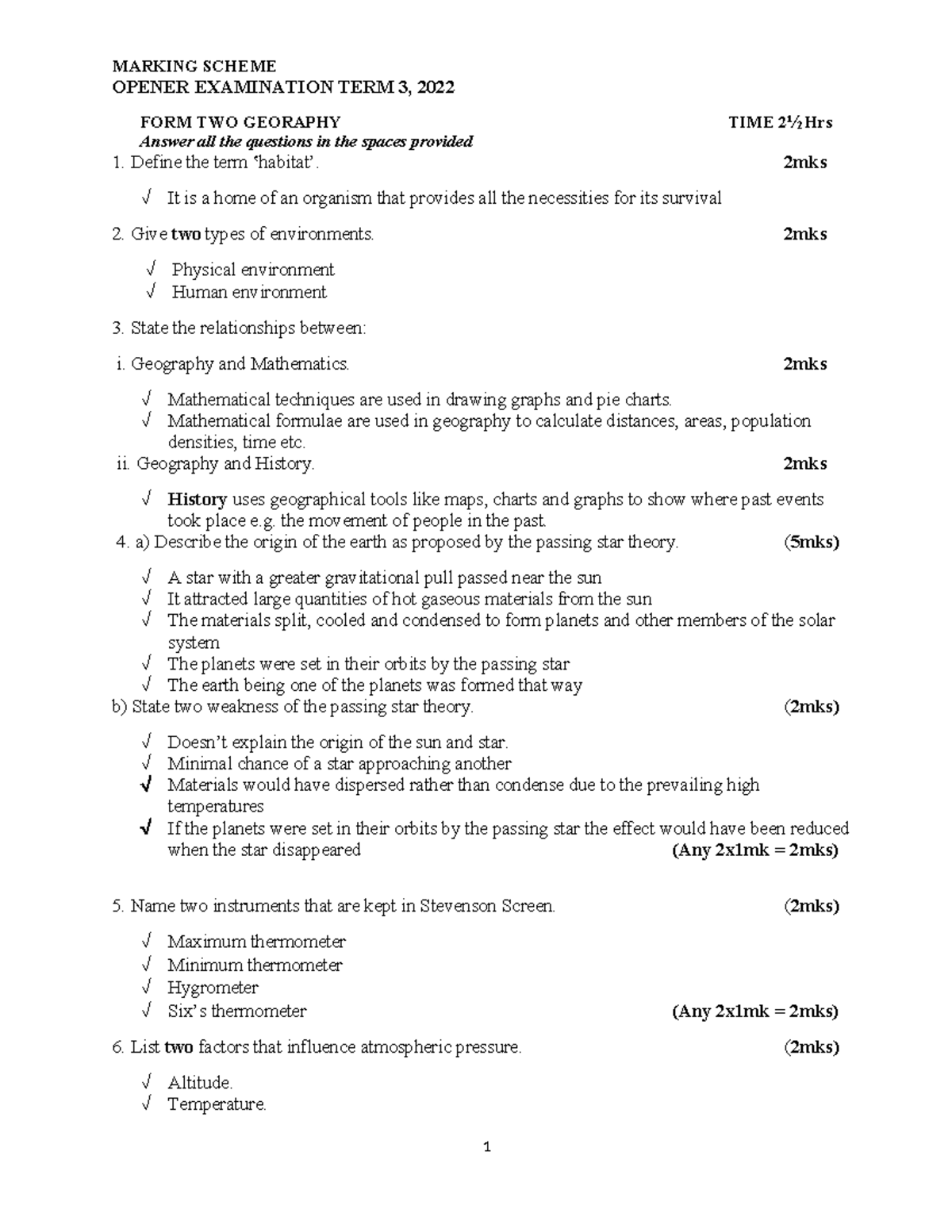 MARKING SCHEME FORM TWO GEOGRAPHY TERM 3 EXAM 2022 - Studocu