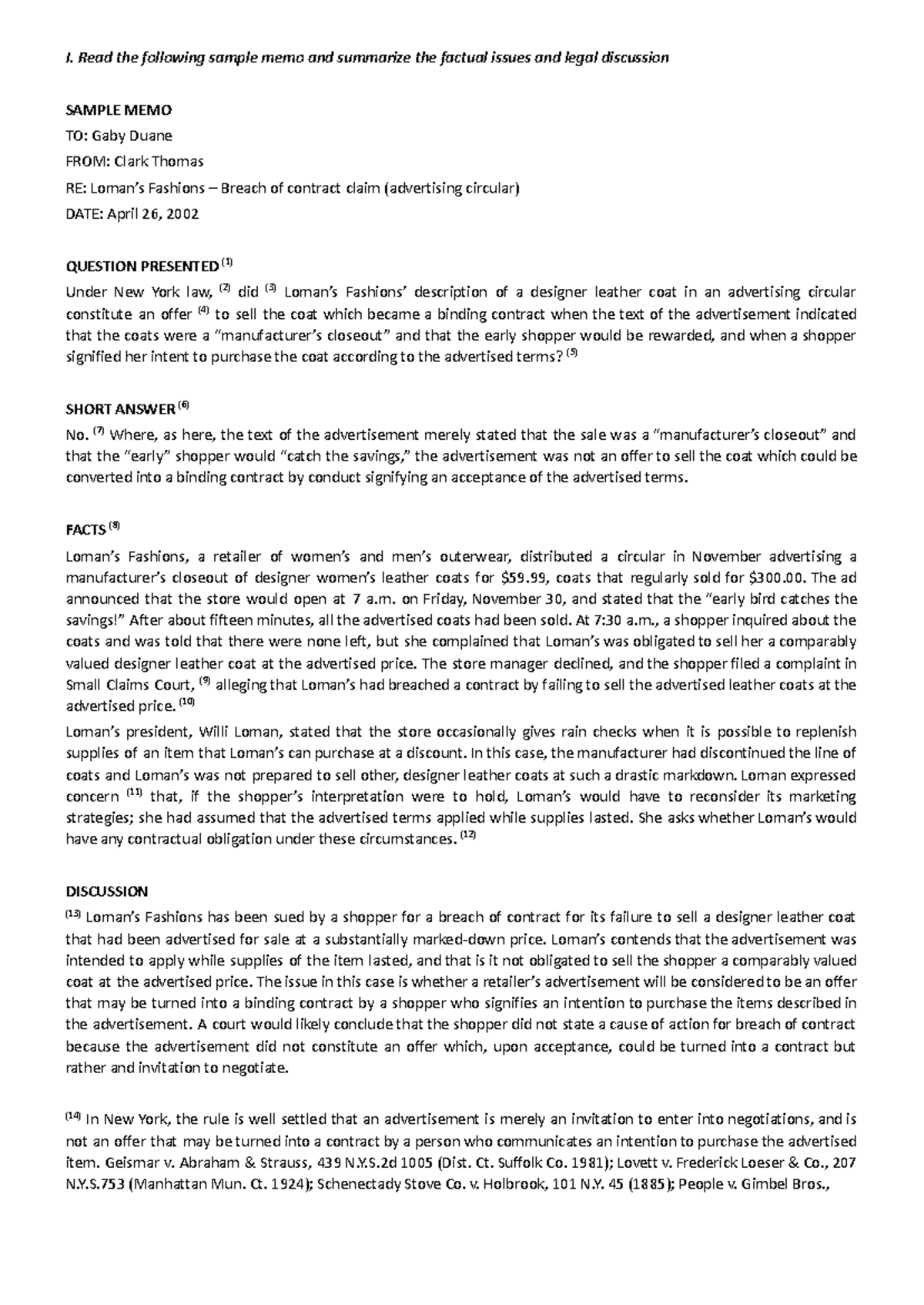 ALE1 2024 Week 10 Office Memorandum (Continued) - I. Read the following ...