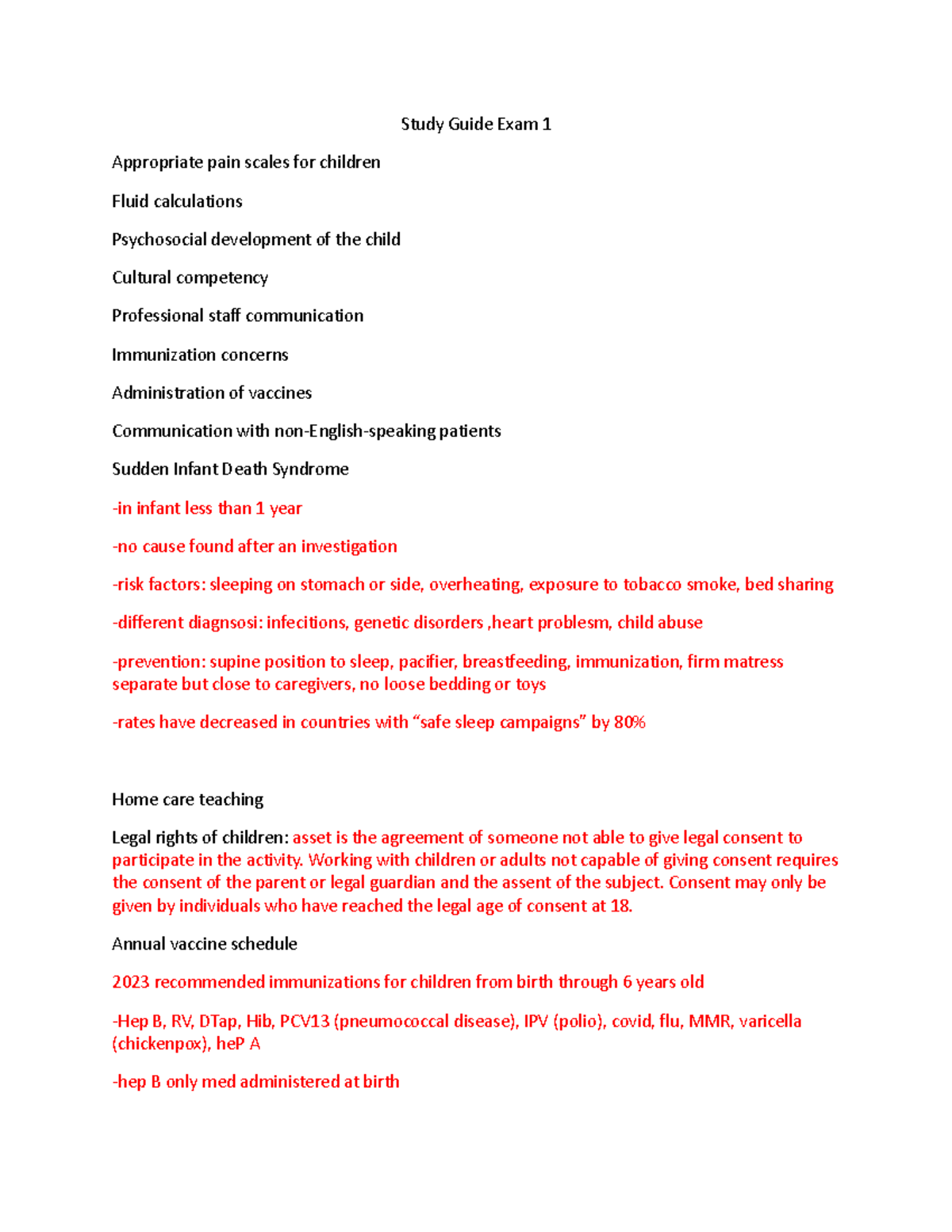 Pediatric Nursing Study Guide for Exam 1: Key Concepts and Calculations ...