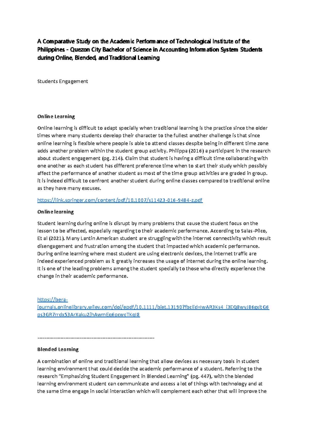 RRL 1: Student Engagement & Academic Performance in Different Learning ...