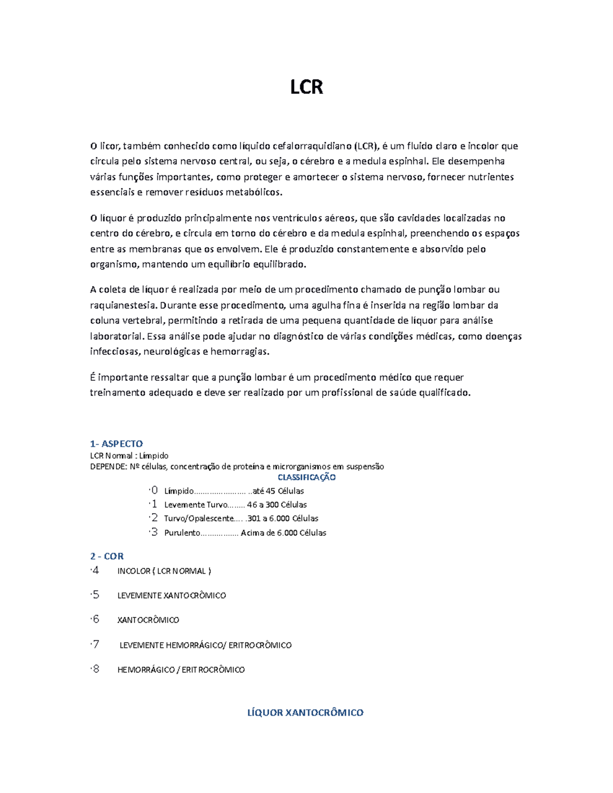 Resumo LCR - Resumo sobre líquido cefalorraquidiano para análise de ...