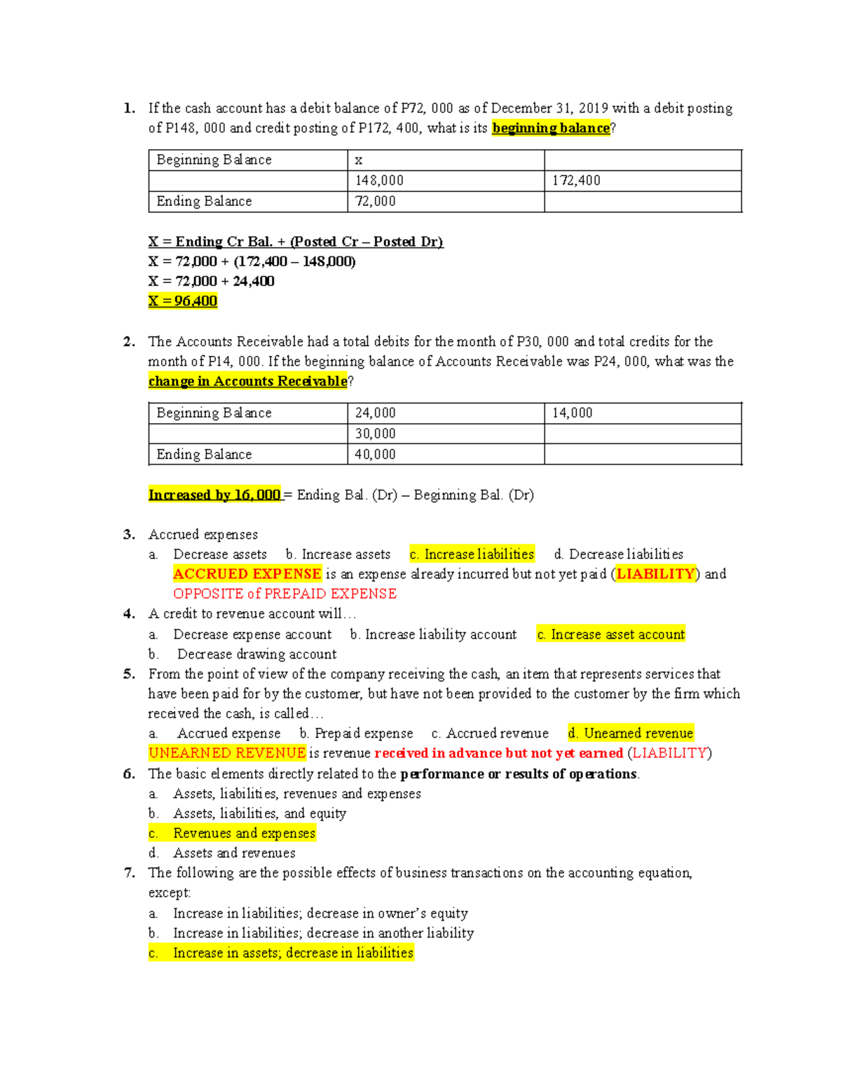 Acc 101 mock test - Accounting practice - If the cash account has a ...
