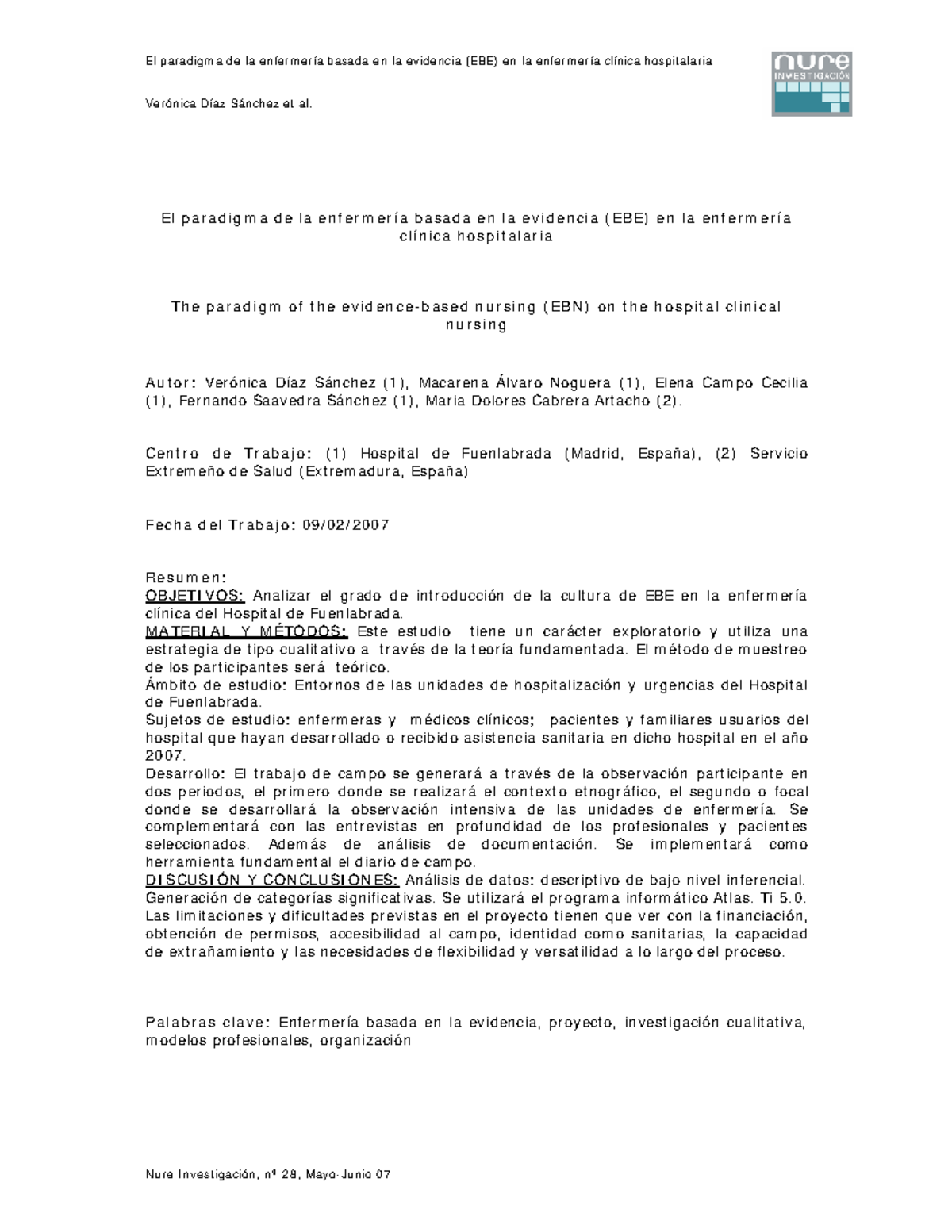 El paradigma de la enfermería basada en la evidencia (EBE) en la ...