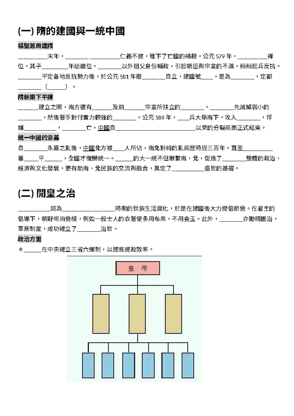 F2 中史小測 1 - 中史小測，時間為宋元兩代的歷史 - (一) 隋的建國與一統中國 楊堅篡周建隋 __________末年 ...
