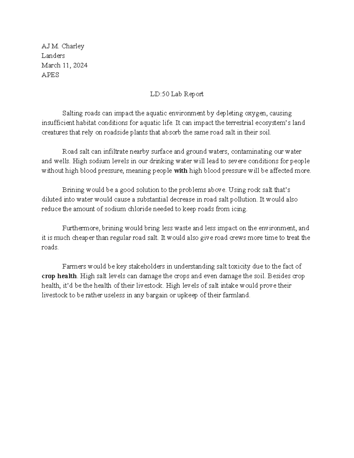 APES LD50 Lab Report: Environmental Impact of Road Salt Usage - Studocu